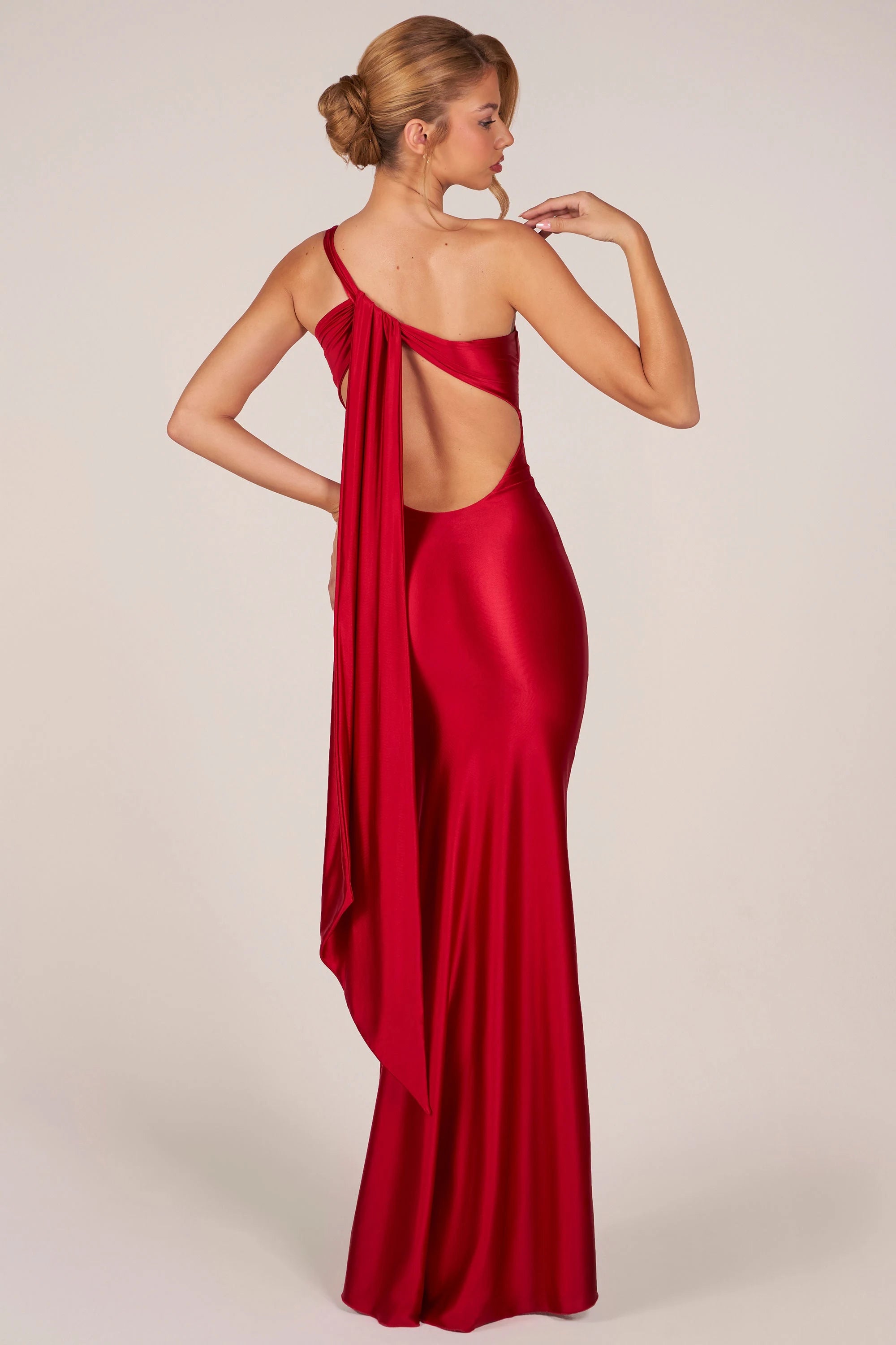 Elegant Sheath One-Shoulder Backless Draped Red Floor-Length Prom Dress