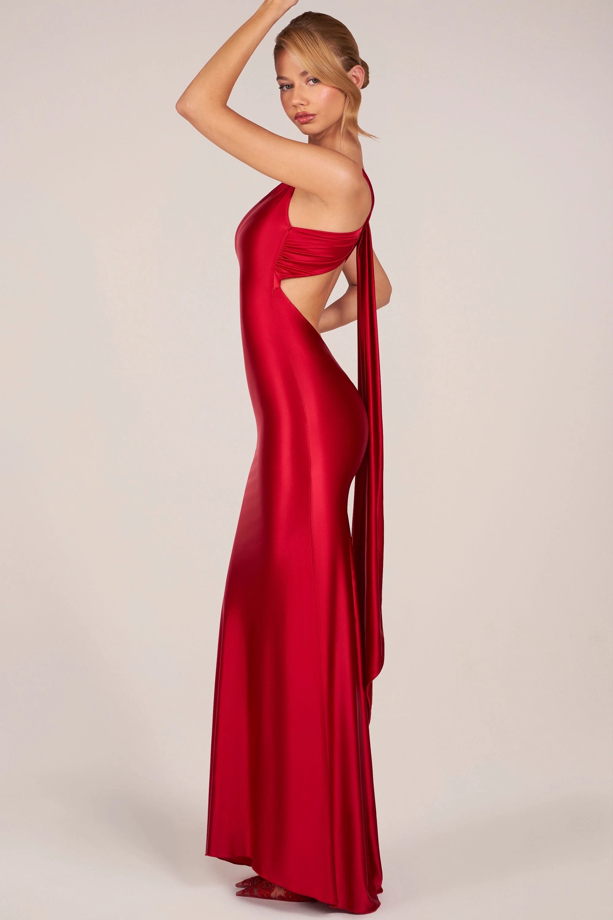 Elegant Sheath One-Shoulder Backless Draped Red Floor-Length Prom Dress