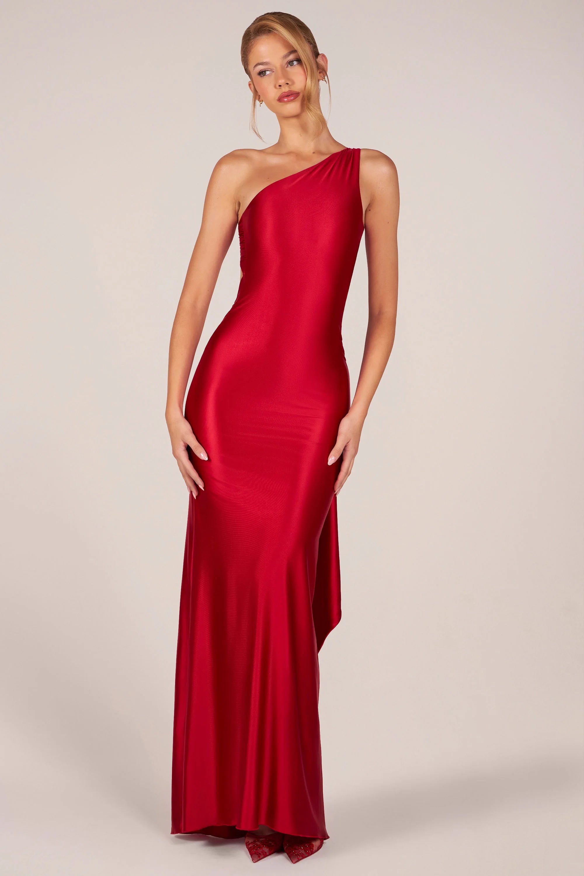Elegant Sheath One-Shoulder Backless Draped Red Floor-Length Prom Dress