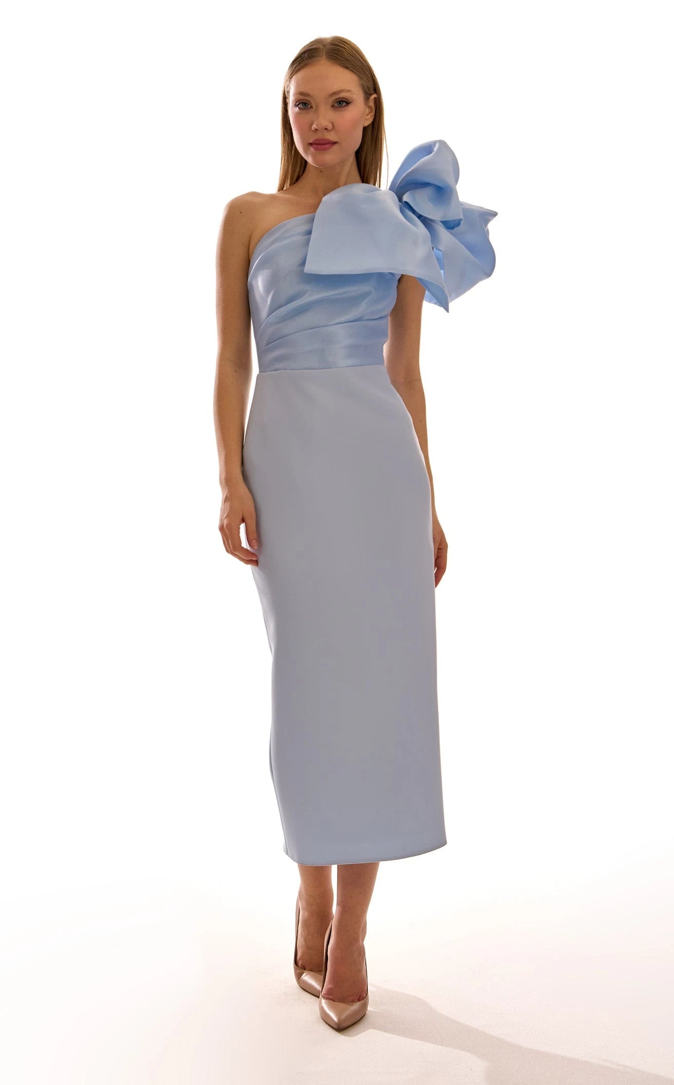 Elegant Sheath One-Shoulder Bow Detail Light Blue Midi Prom Dress Women's Gown