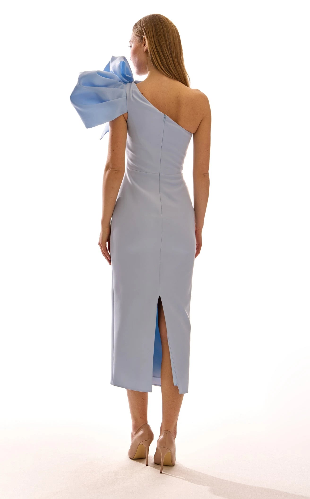 Elegant Sheath One-Shoulder Bow Detail Light Blue Midi Prom Dress Women's Gown