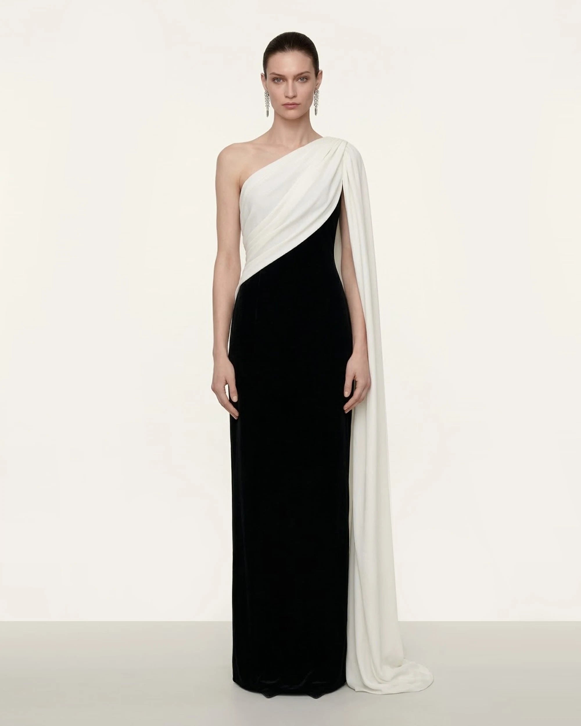 Elegant Sheath One-Shoulder Draped Asymmetric Black Ivory Floor-Length Prom Dress Gown
