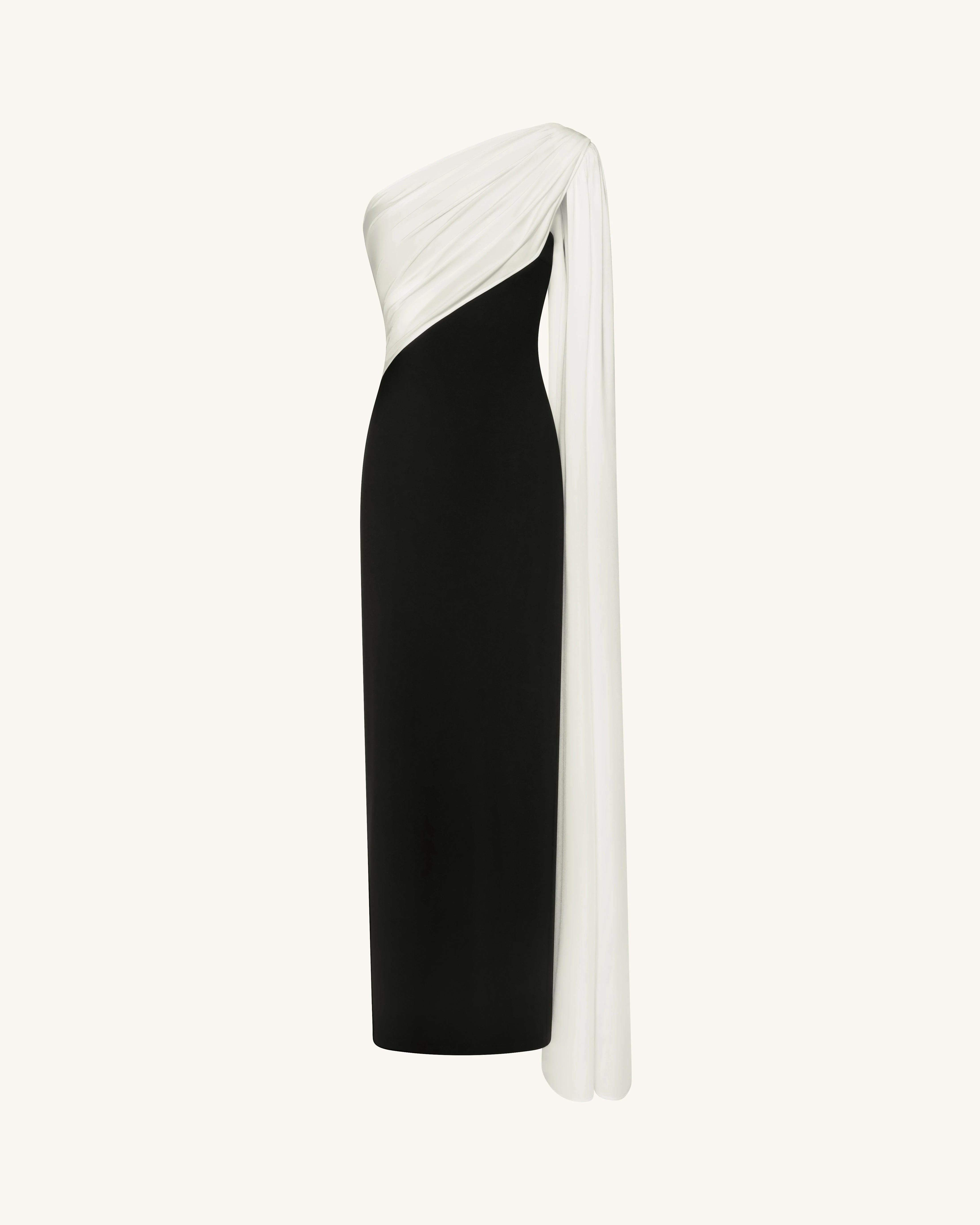 Elegant Sheath One-Shoulder Draped Asymmetric Black Ivory Floor-Length Prom Dress Gown