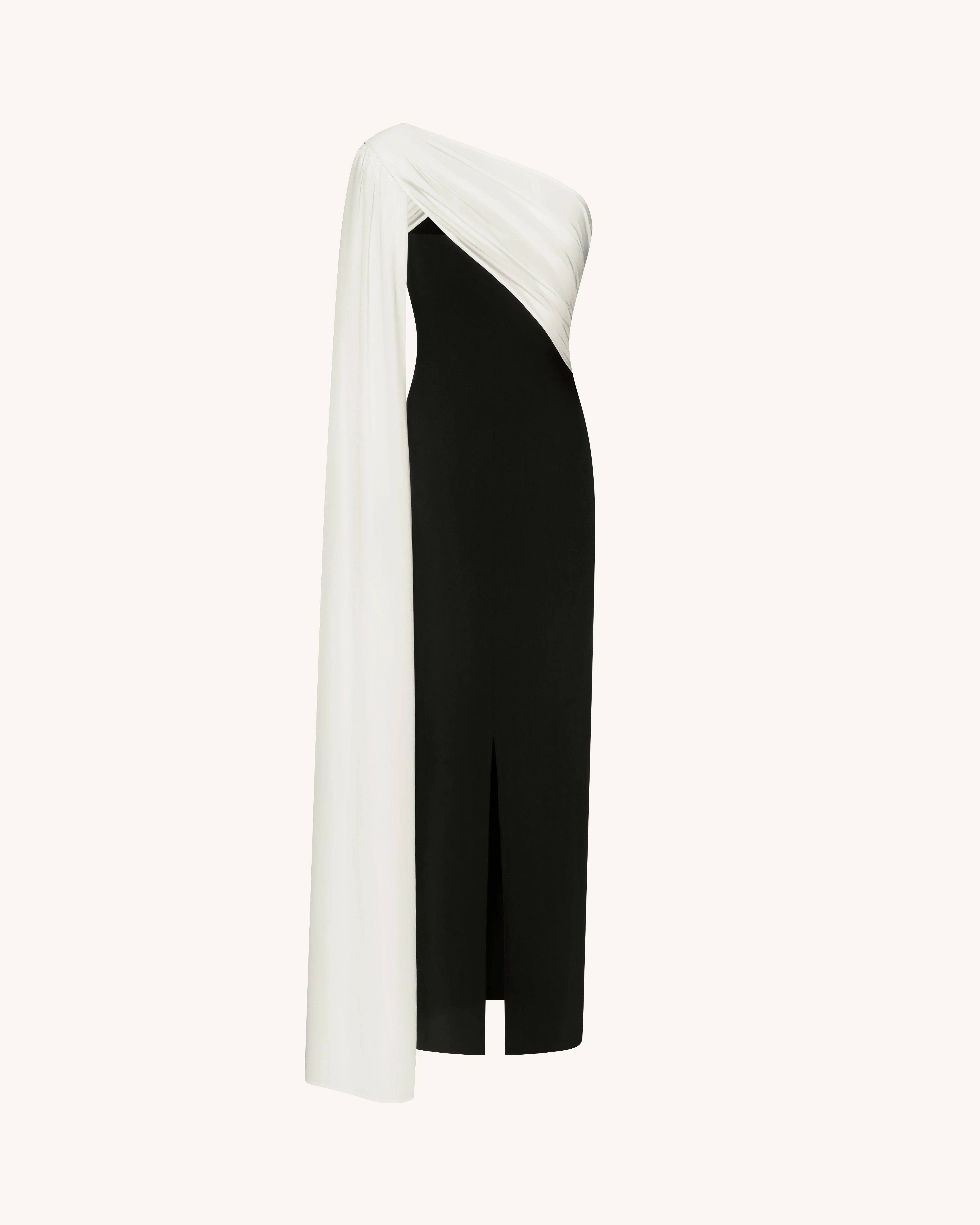 Elegant Sheath One-Shoulder Draped Asymmetric Black Ivory Floor-Length Prom Dress Gown