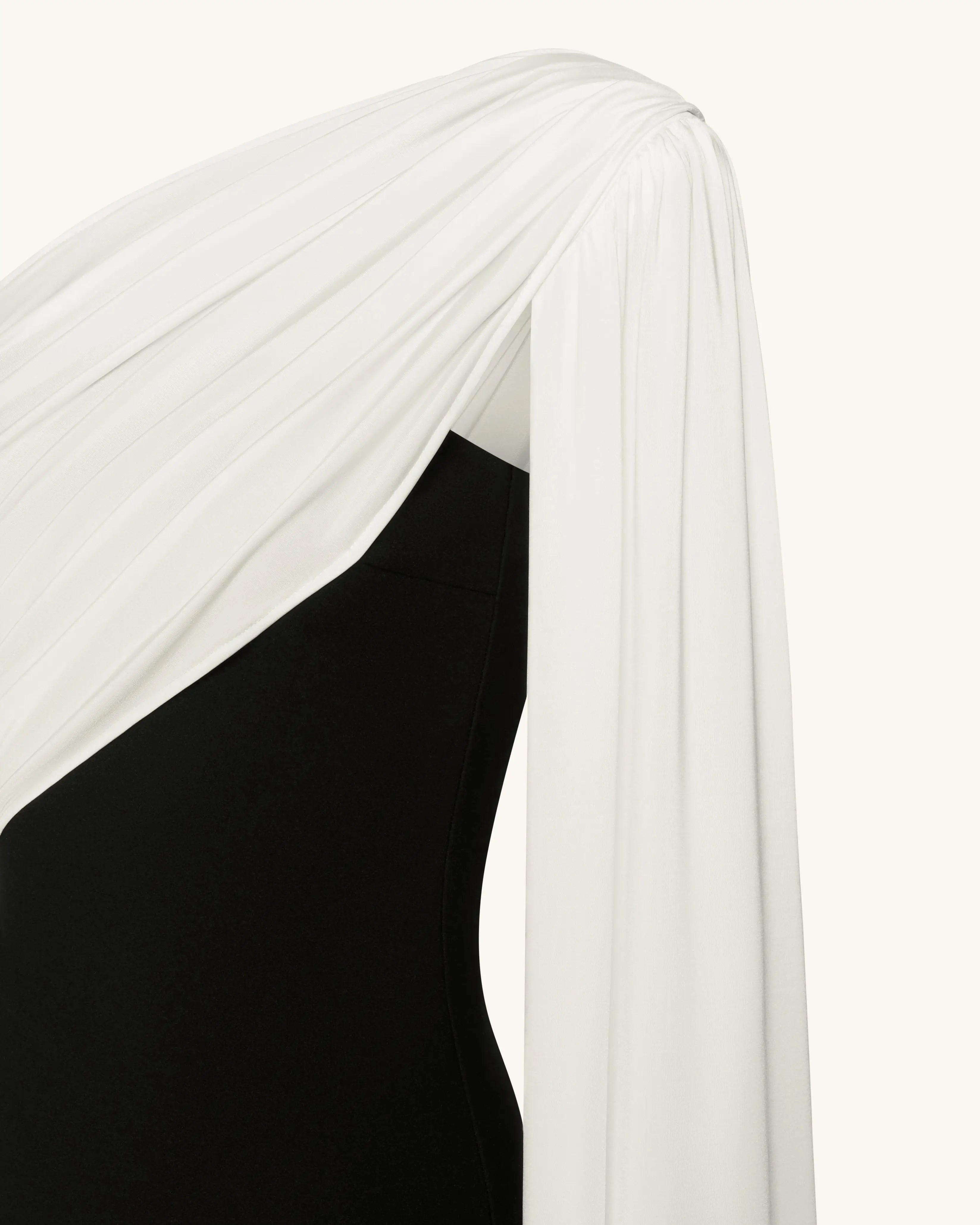 Elegant Sheath One-Shoulder Draped Asymmetric Black Ivory Floor-Length Prom Dress Gown