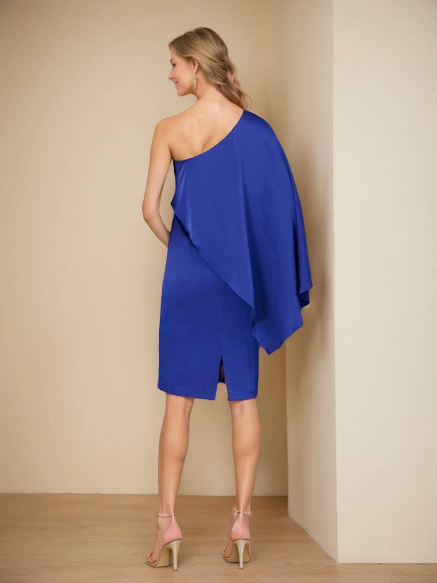 Elegant Sheath One-Shoulder Draped Royal Blue Knee-Length Homecoming Dress Women's Attire