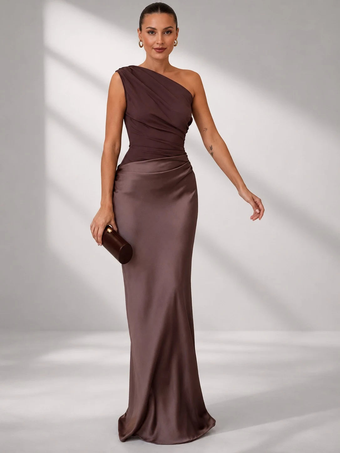 Elegant Sheath One-Shoulder Draped Ruched Brown Floor-Length Prom Dress
