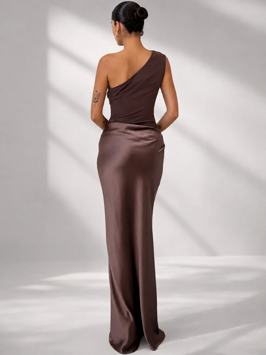 Elegant Sheath One-Shoulder Draped Ruched Brown Floor-Length Prom Dress
