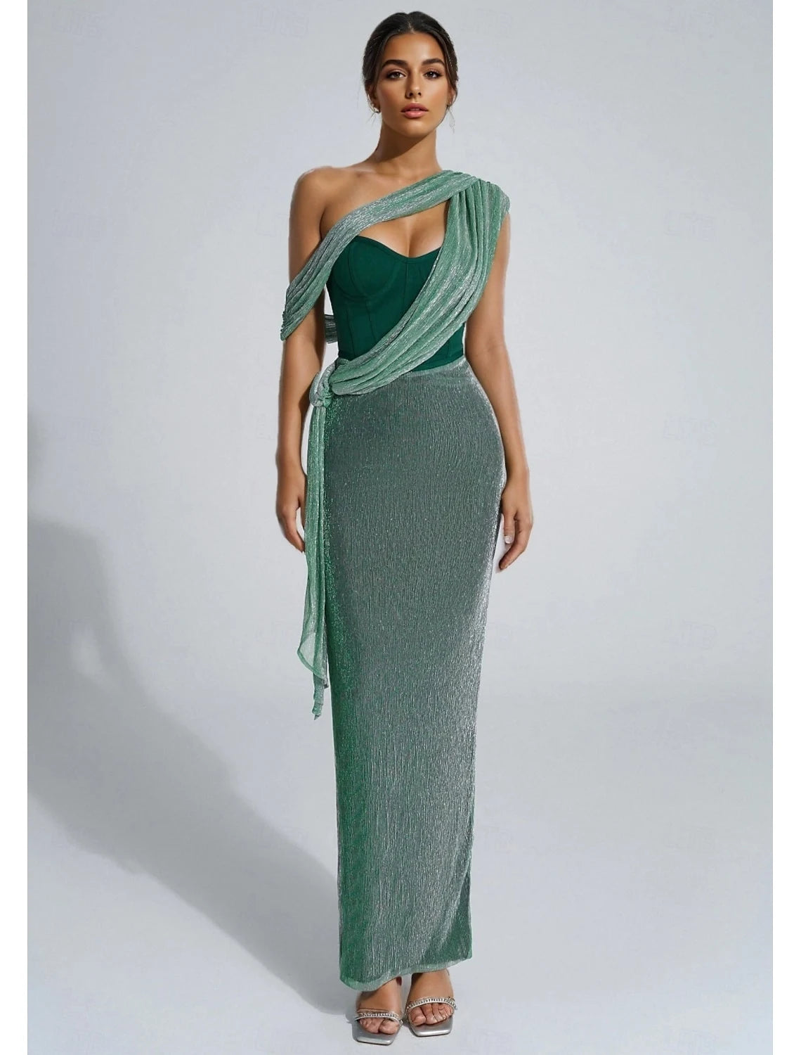 Elegant Sheath One-Shoulder Draped Shimmering Green Floor-Length Prom Gown