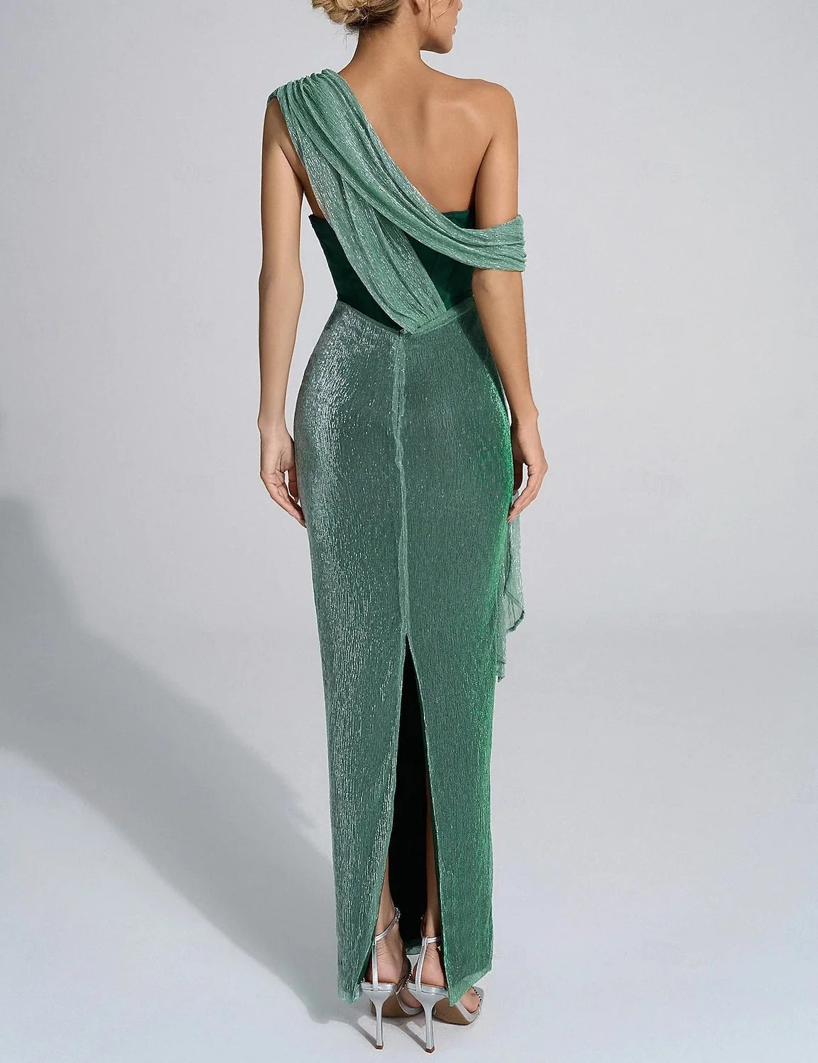Elegant Sheath One-Shoulder Draped Shimmering Green Floor-Length Prom Gown