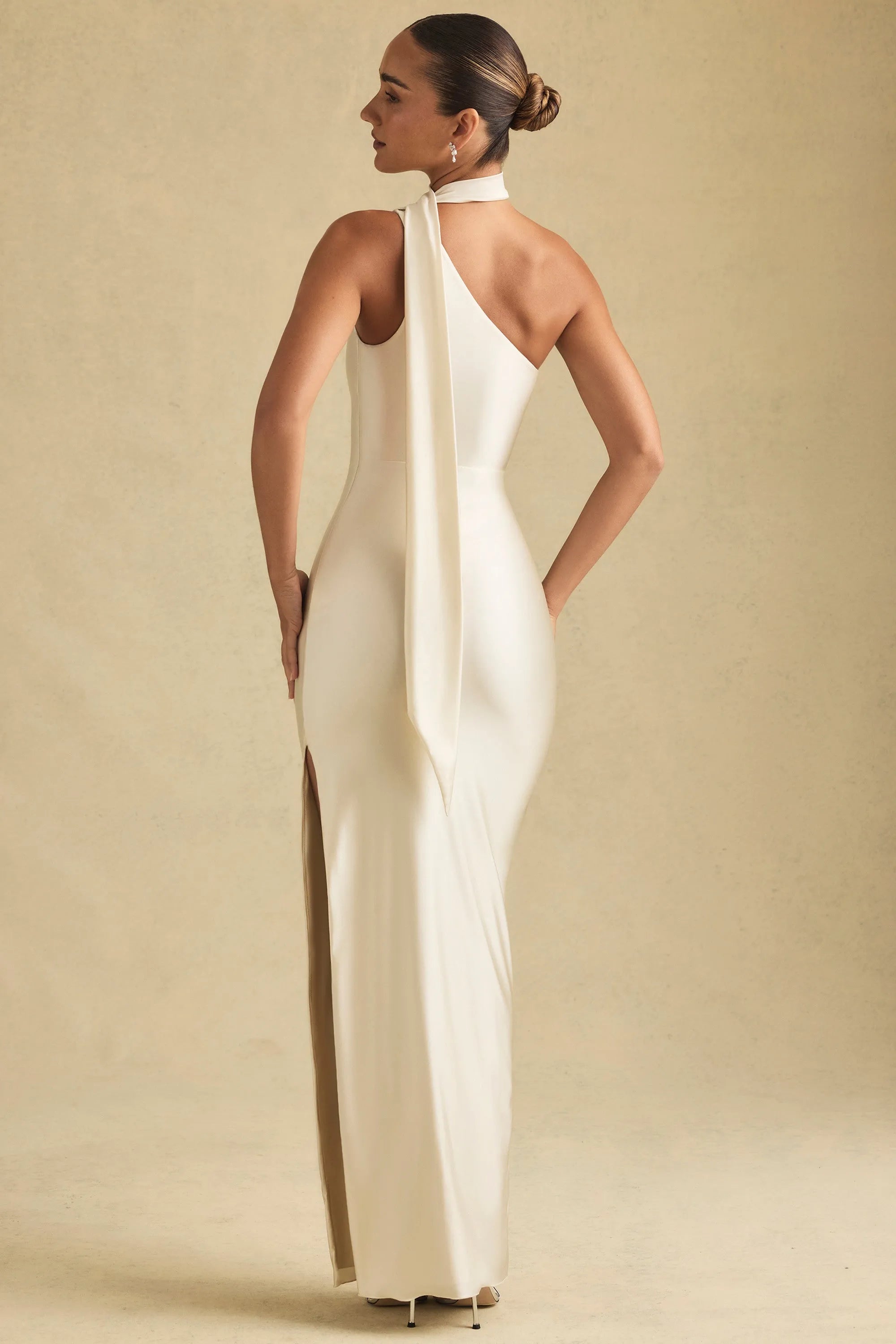Elegant Sheath One-Shoulder Draped Slit Ivory Floor-Length Prom Dress Gown