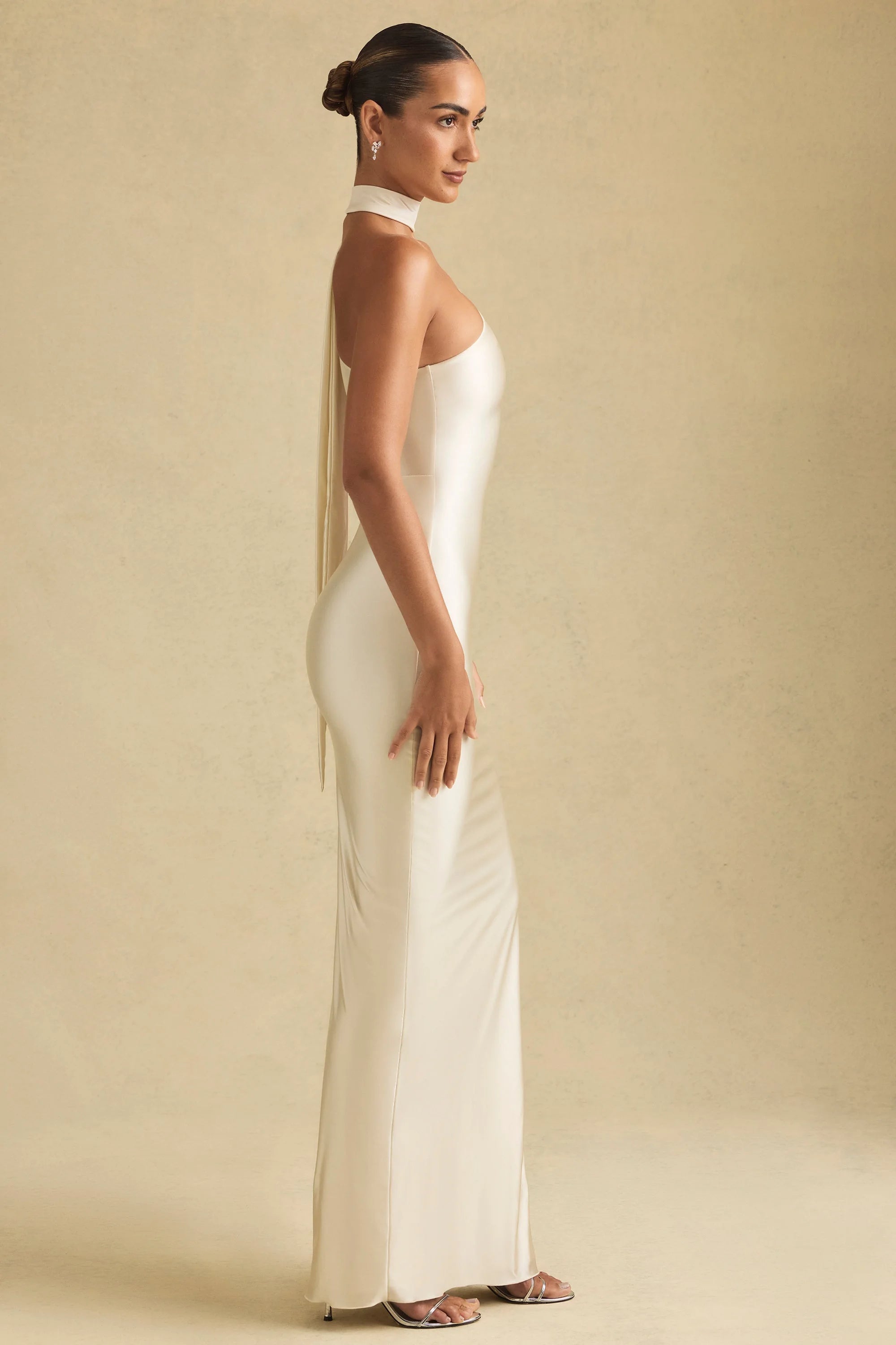 Elegant Sheath One-Shoulder Draped Slit Ivory Floor-Length Prom Dress Gown