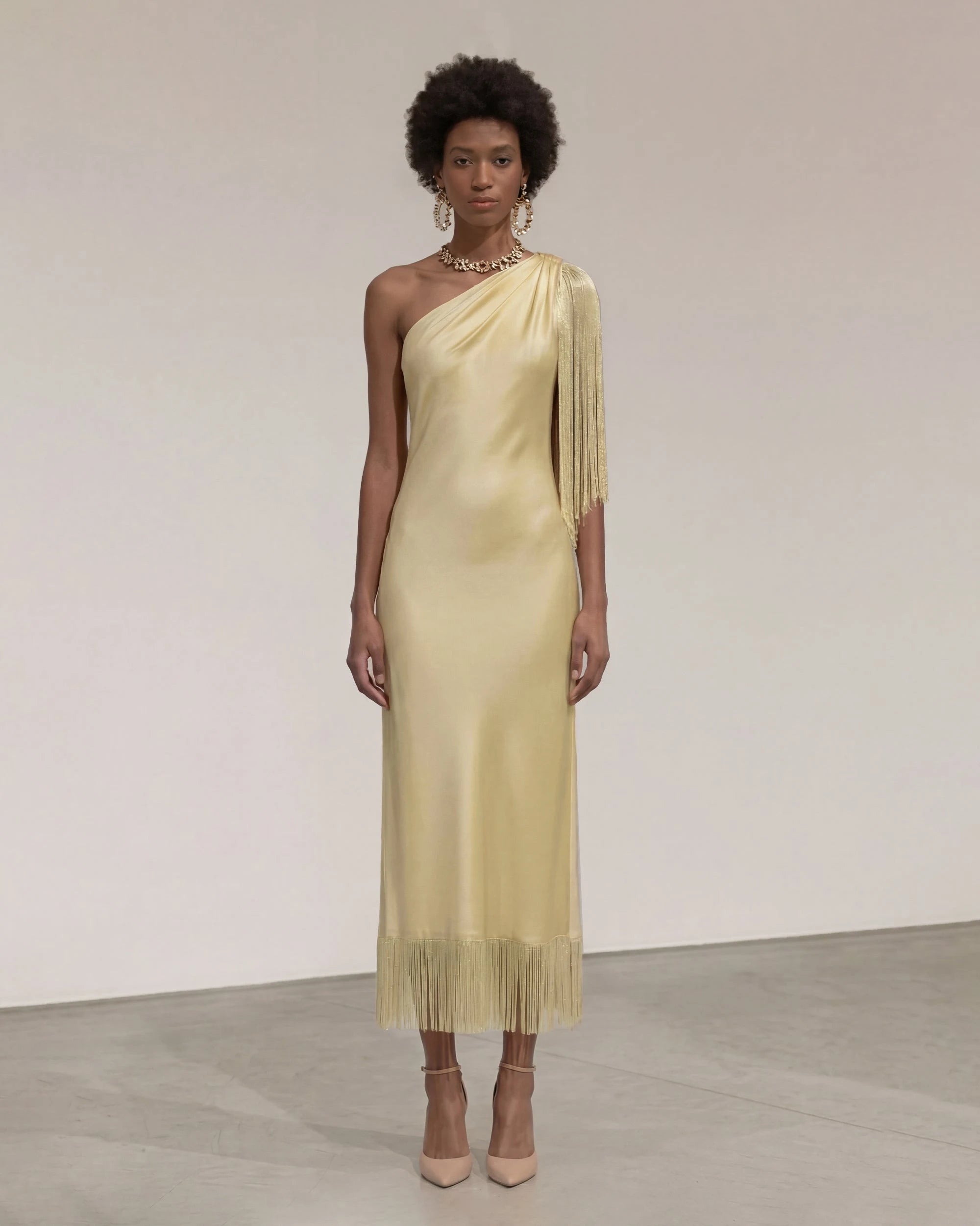 Elegant Sheath One-Shoulder Fringe Draped Champagne Midi Prom Dress for Women