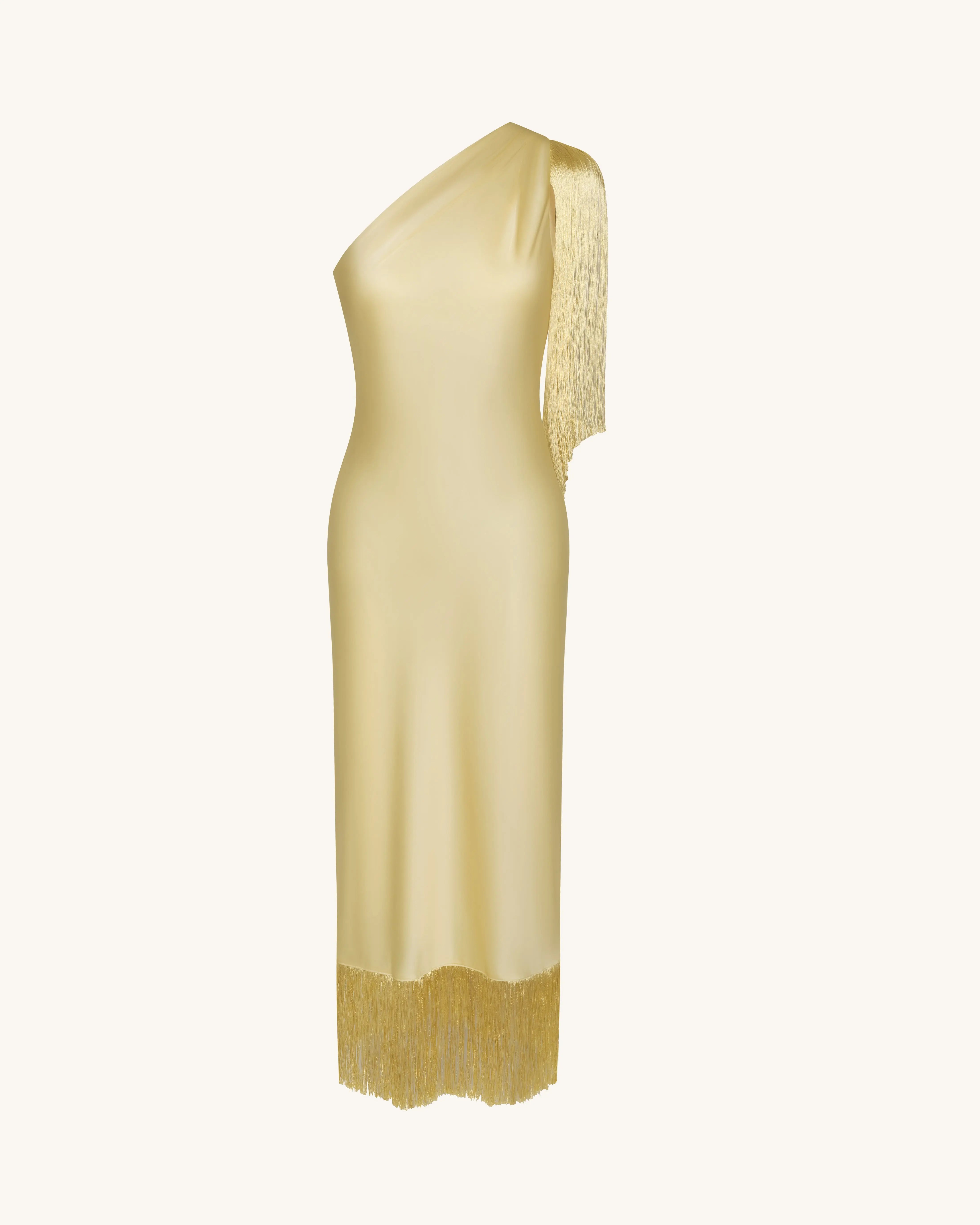 Elegant Sheath One-Shoulder Fringe Draped Champagne Midi Prom Dress for Women