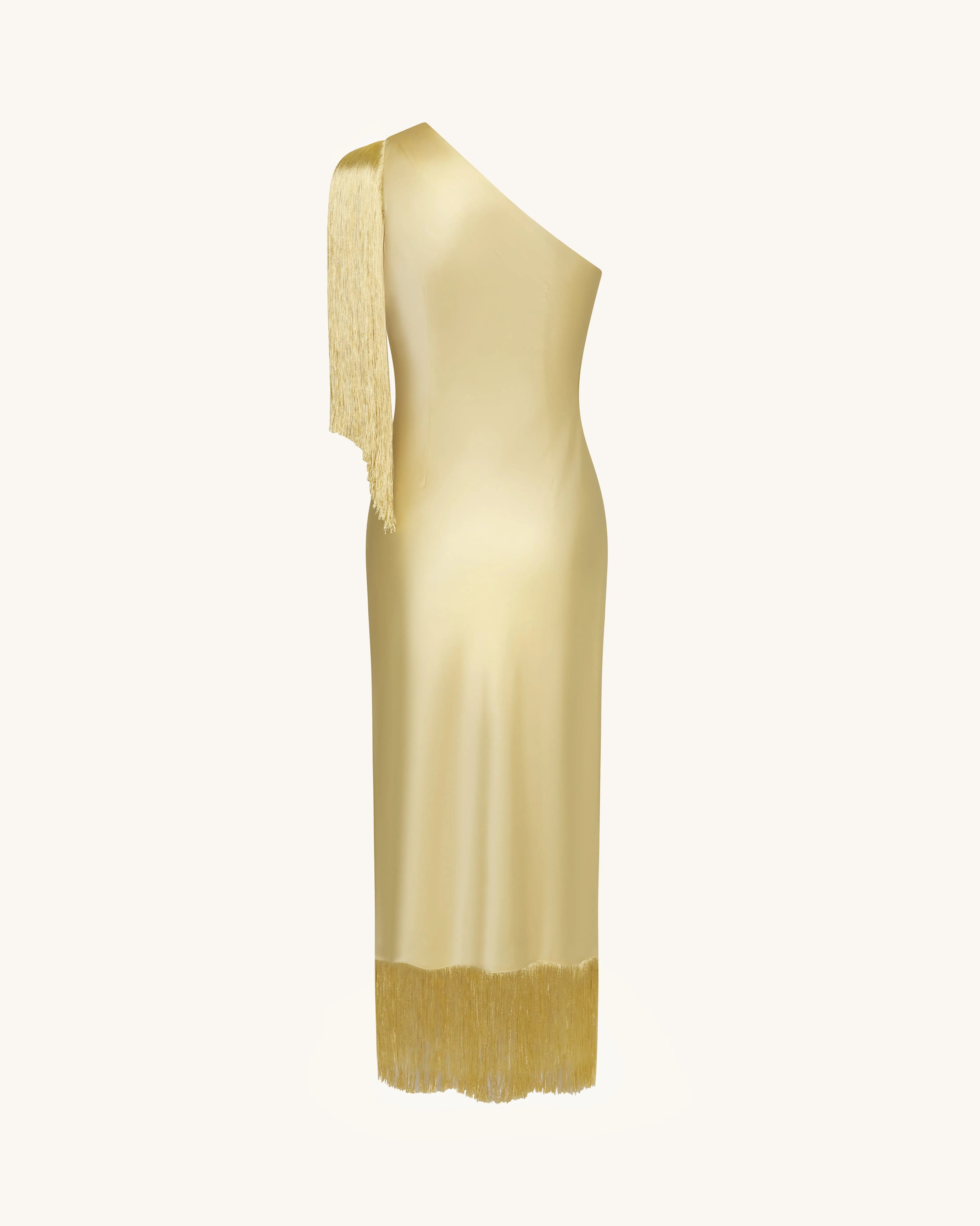 Elegant Sheath One-Shoulder Fringe Draped Champagne Midi Prom Dress for Women