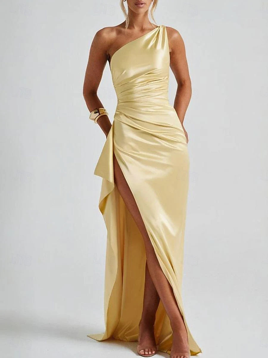 Elegant Sheath One-Shoulder Ruched High Slit Pale Yellow Floor-Length Prom Gown