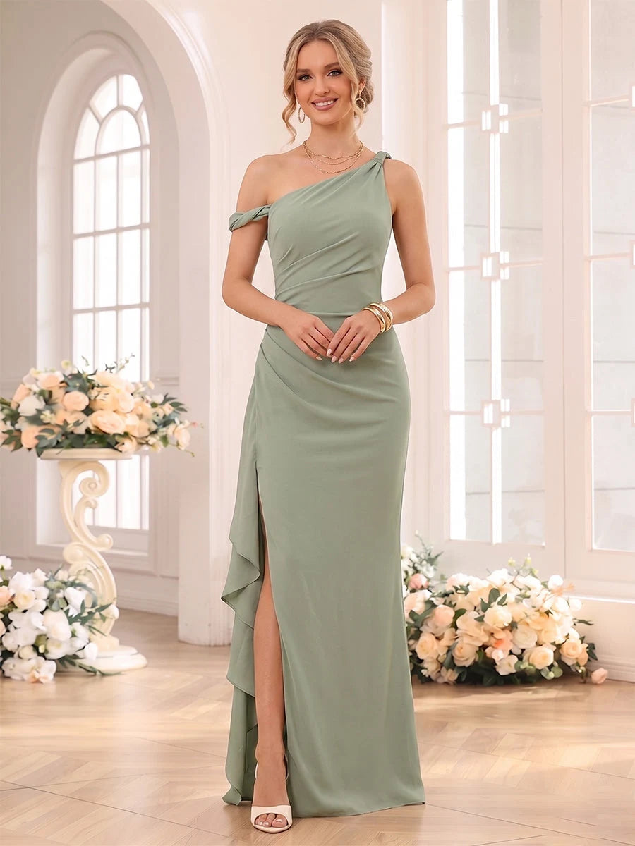 Elegant Sheath One-Shoulder Ruched Slit Sage Green Floor-Length Prom Dresses Women's Gown