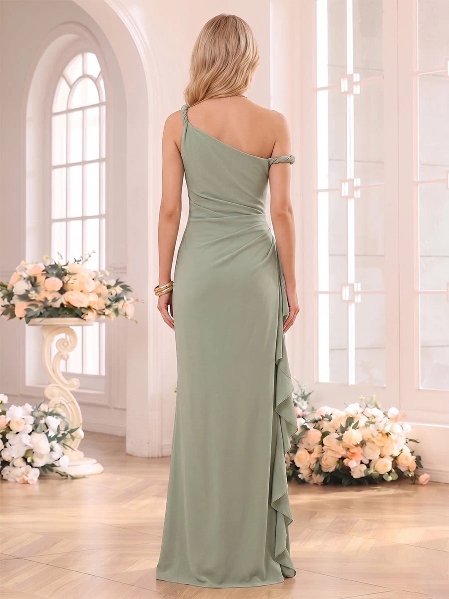 Elegant Sheath One-Shoulder Ruched Slit Sage Green Floor-Length Prom Dresses Women's Gown