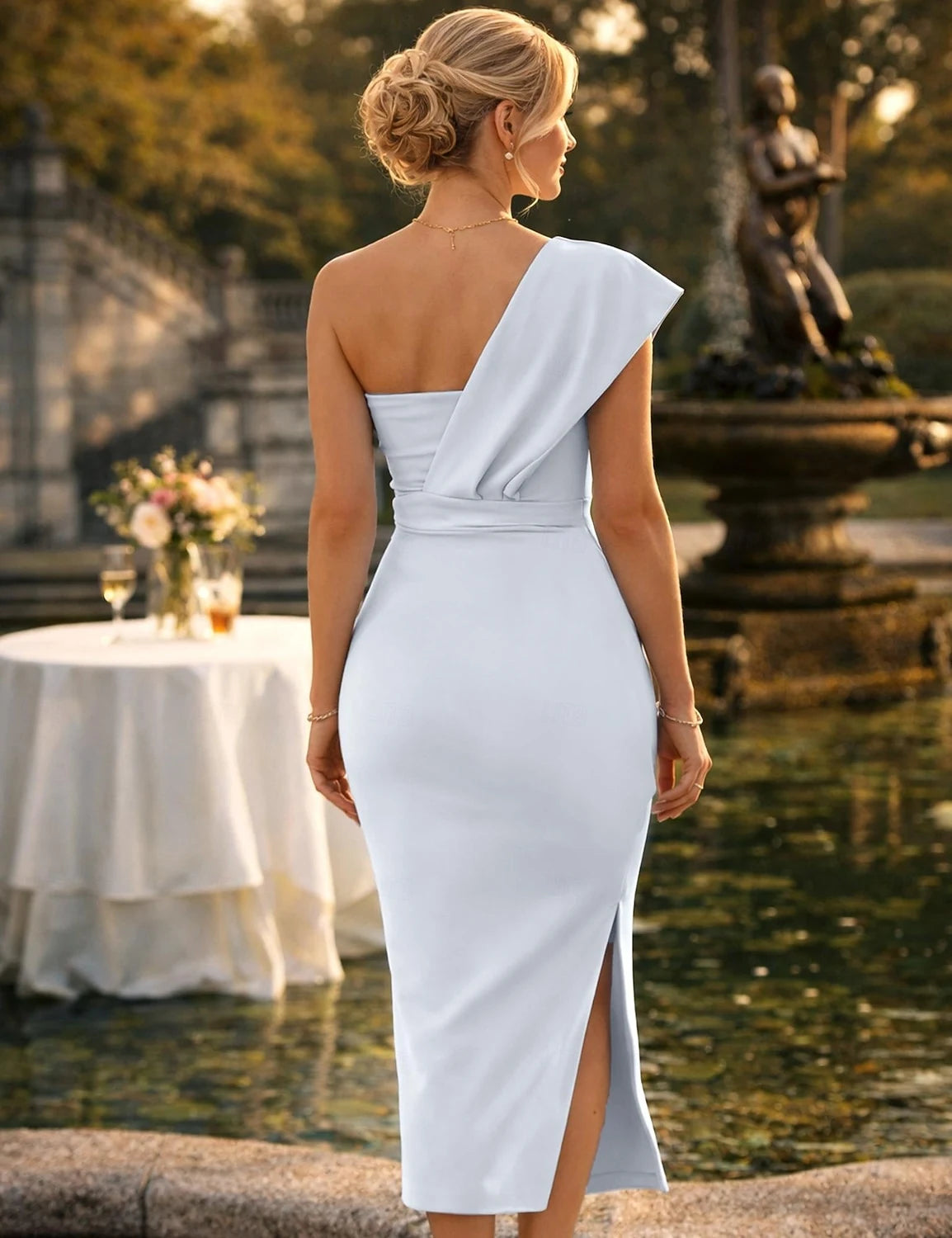 Elegant Sheath One-Shoulder Sleeveless Draped Belted Periwinkle Midi Prom Dress Women's Gown