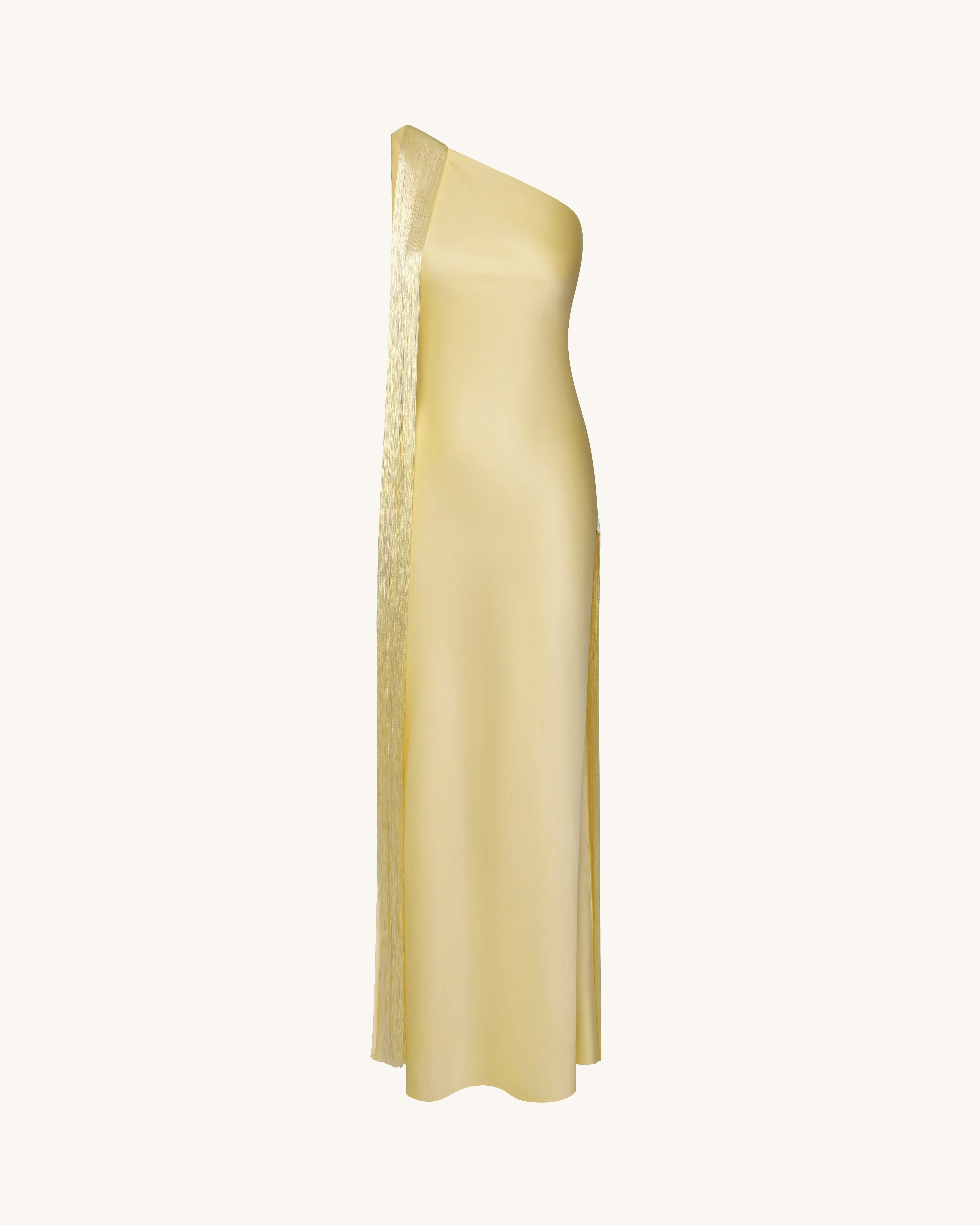 Elegant Sheath One-Shoulder Sleeveless Fringe Detail Backless Champagne Floor-Length Women's Prom Gown