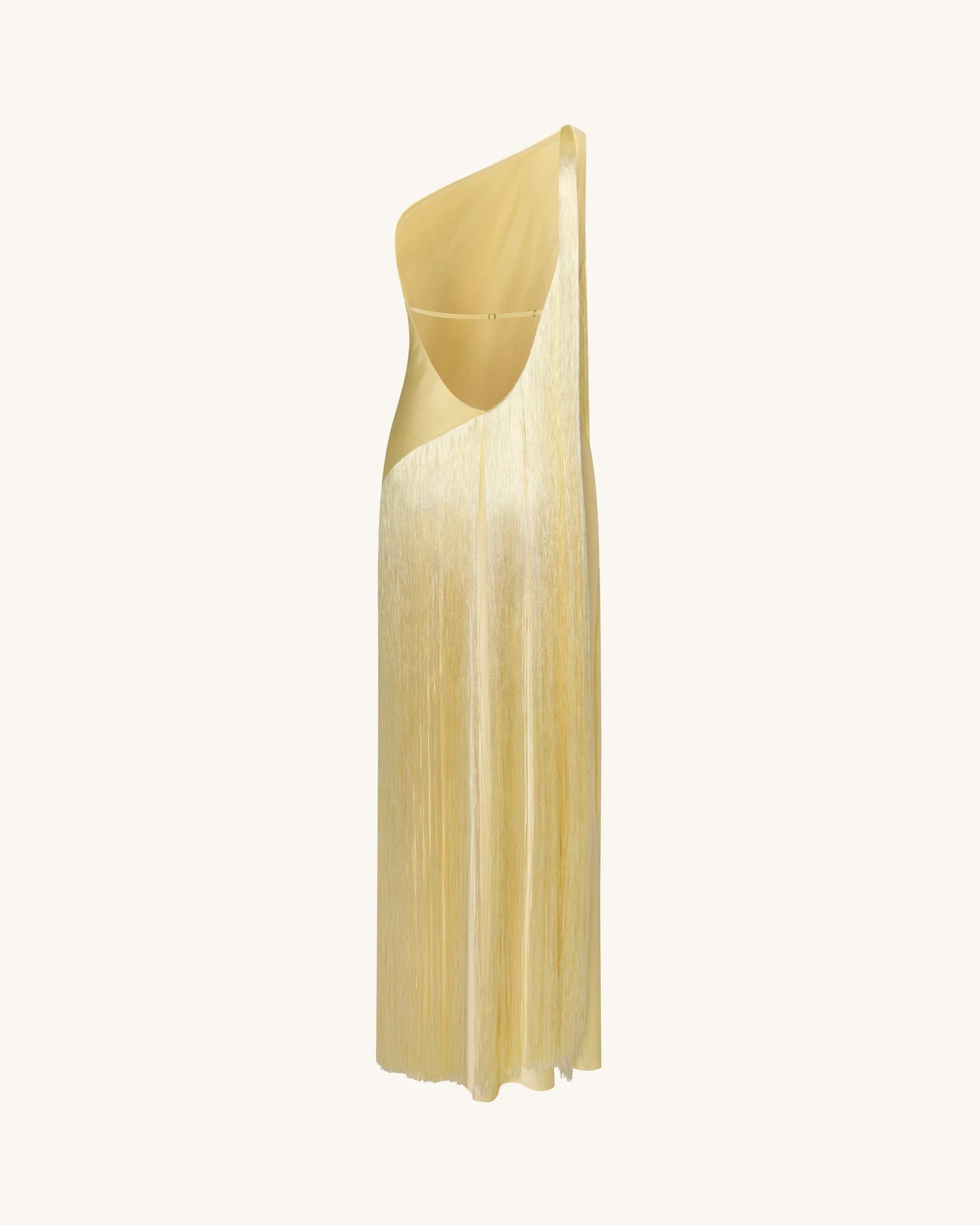 Elegant Sheath One-Shoulder Sleeveless Fringe Detail Backless Champagne Floor-Length Women's Prom Gown