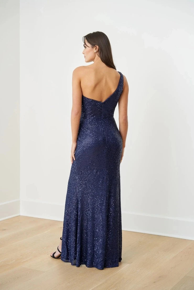 Elegant Sheath One-Shoulder Sparkling Ruched Navy Blue Floor-Length Prom Dresses Women's Gown