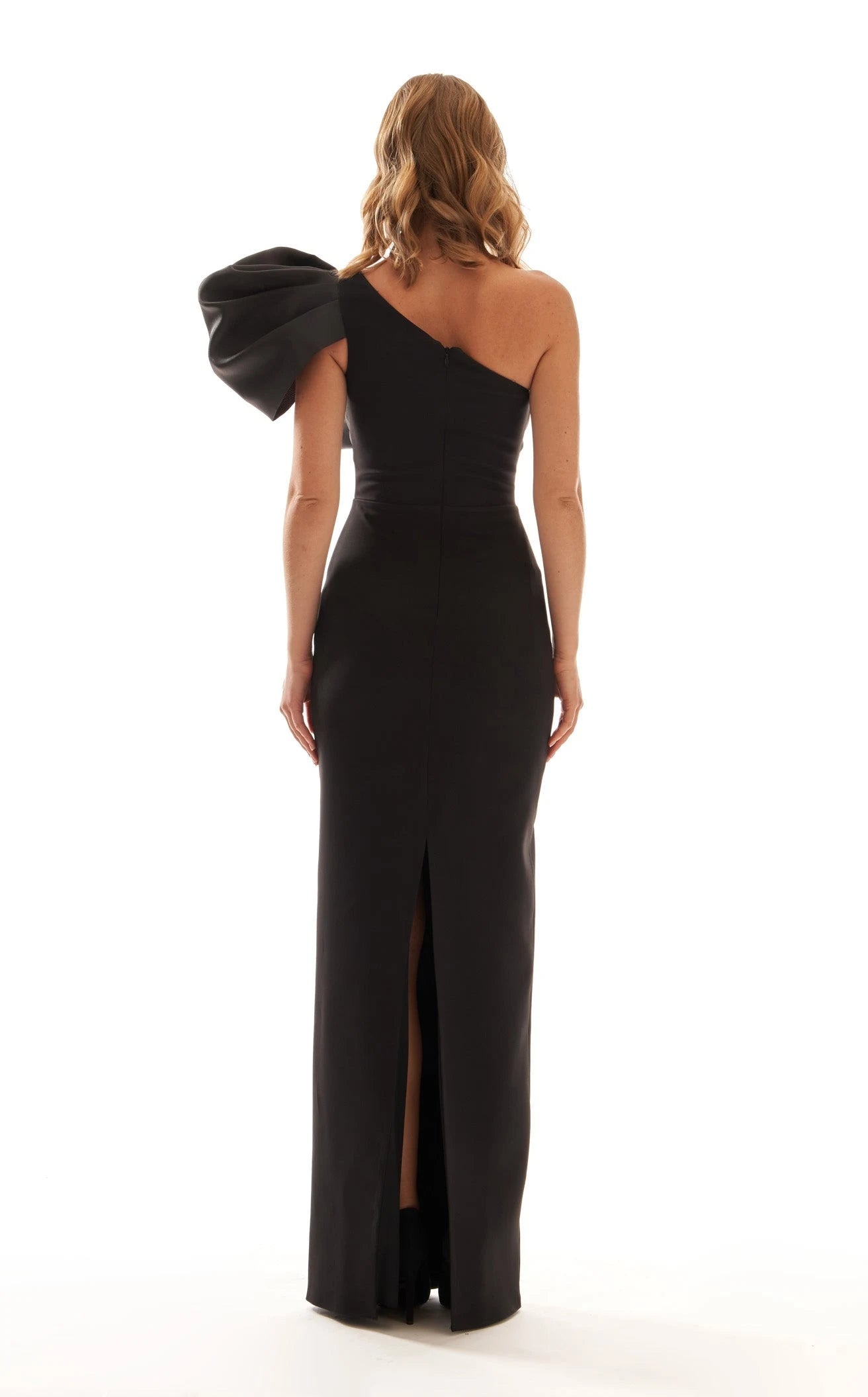 Elegant Sheath One-Shoulder Statement Bow Black Floor-Length Prom Dresses Gown