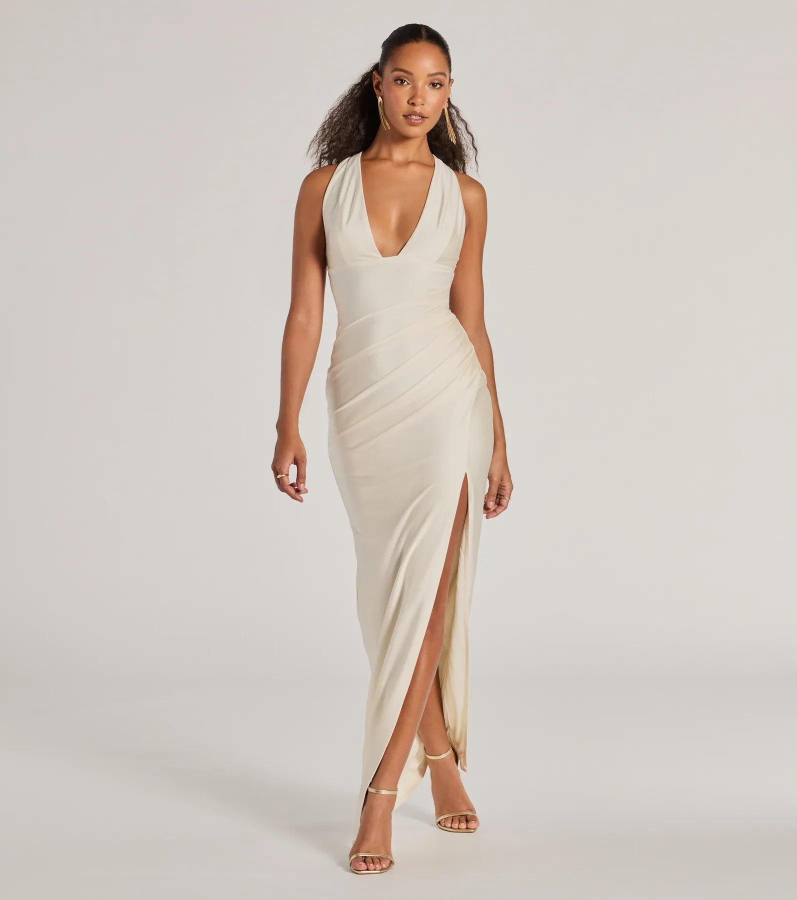 Elegant Sheath Plunging V-Neck Sleeveless Ruched Slit Ivory Long Prom Dress
