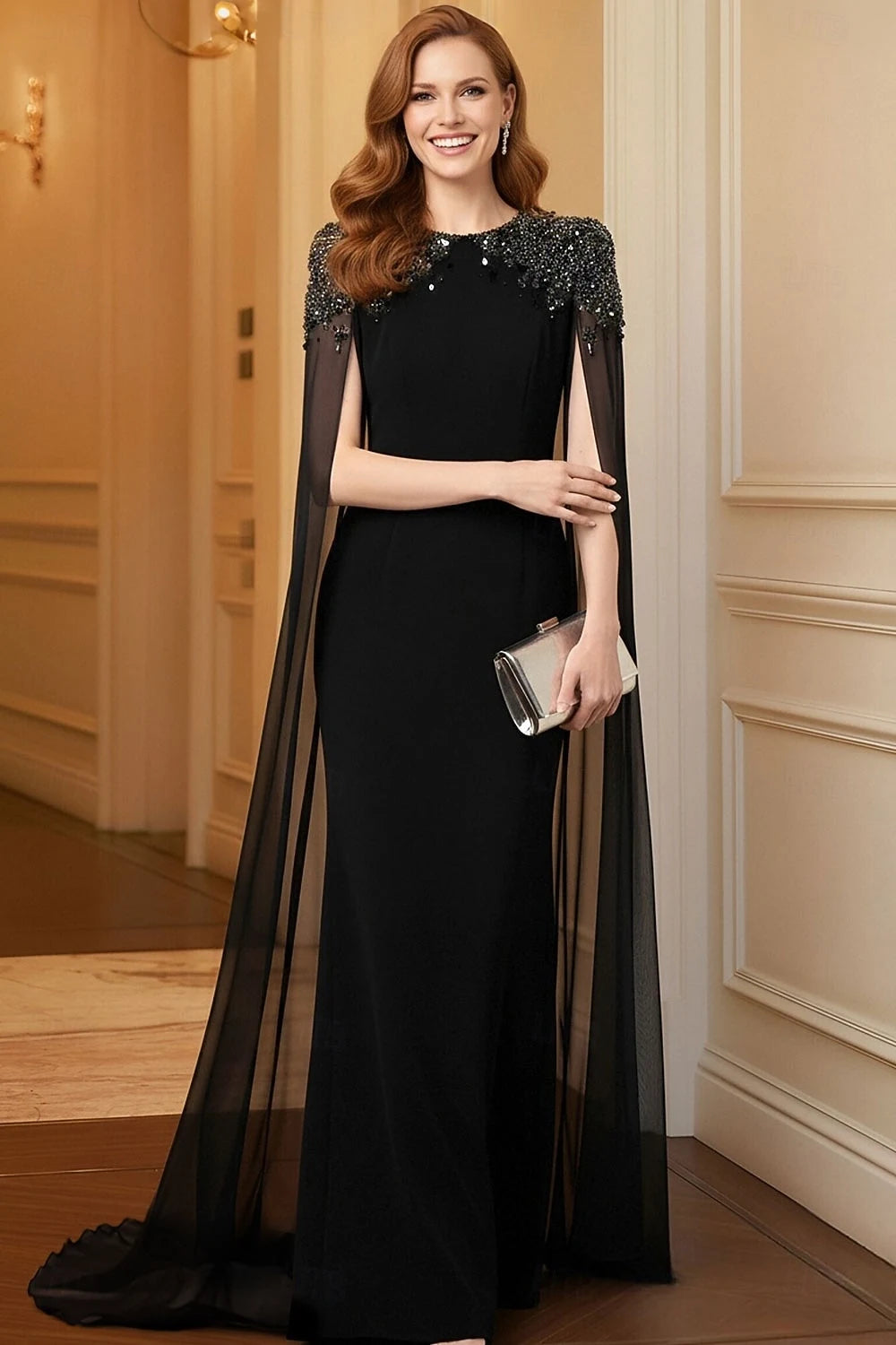Elegant Sheath Round Neck Cape Sleeve Beaded Flowy Black Floor-Length Evening Gown