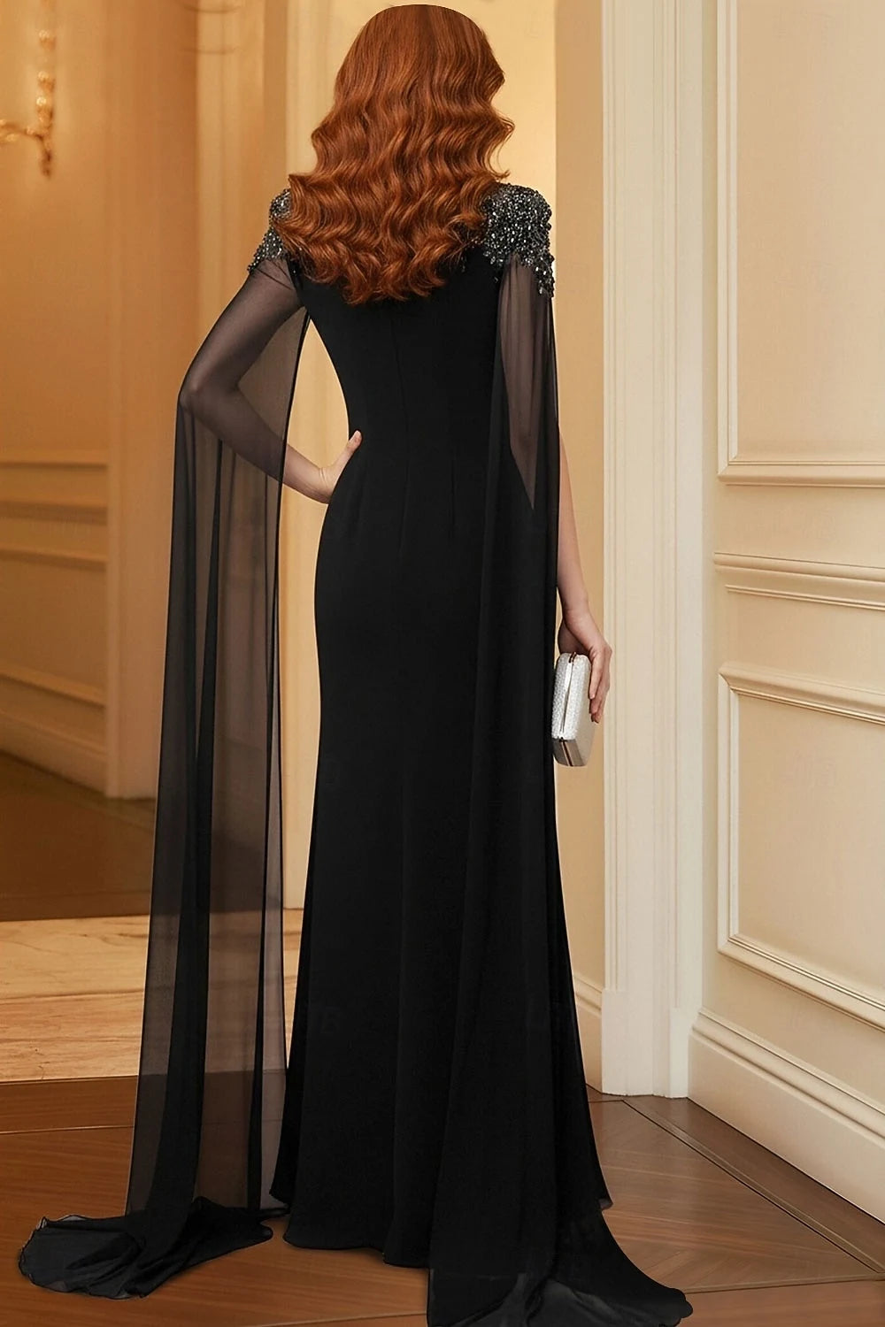 Elegant Sheath Round Neck Cape Sleeve Beaded Flowy Black Floor-Length Evening Gown