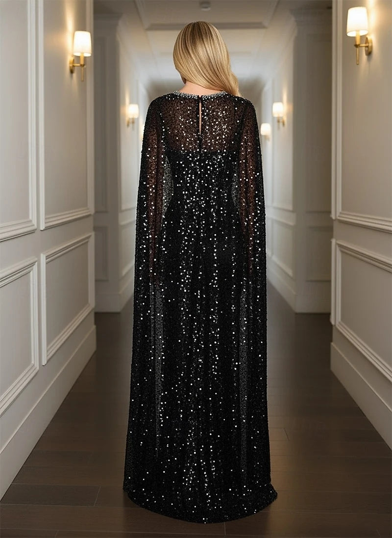 Elegant Sheath Round Neck Cape Sleeve Sequin Black Floor-Length Evening Gown