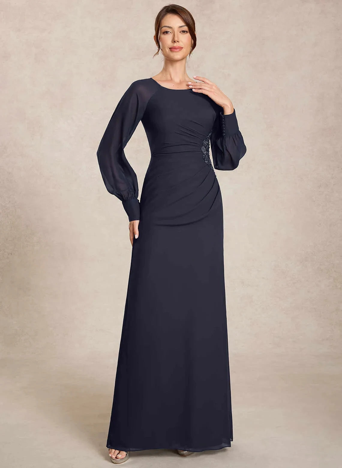 Elegant Sheath Scoop Long-Sleeve Beaded Navy Mother Of The Bride Dress