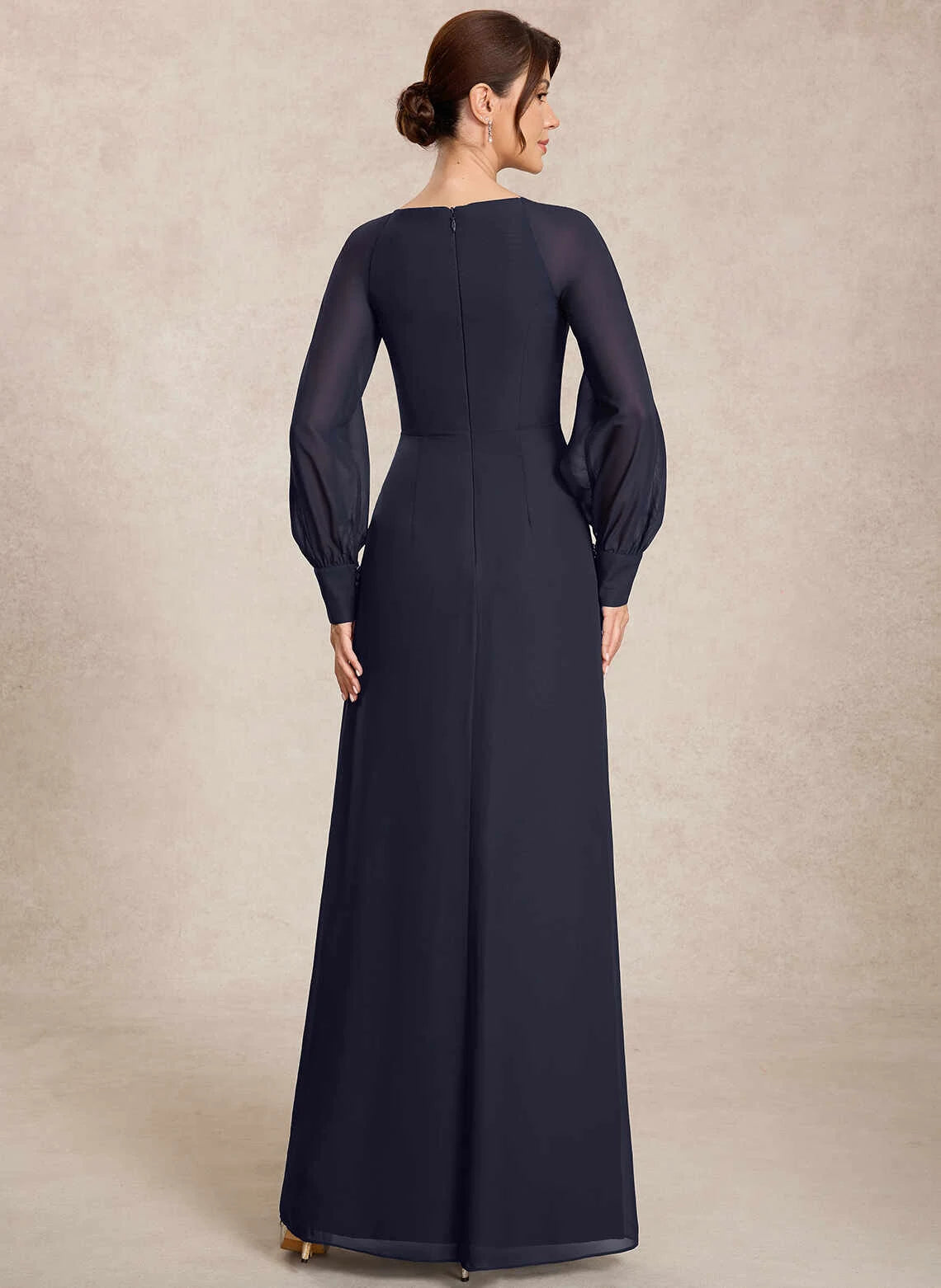 Elegant Sheath Scoop Long-Sleeve Beaded Navy Mother Of The Bride Dress