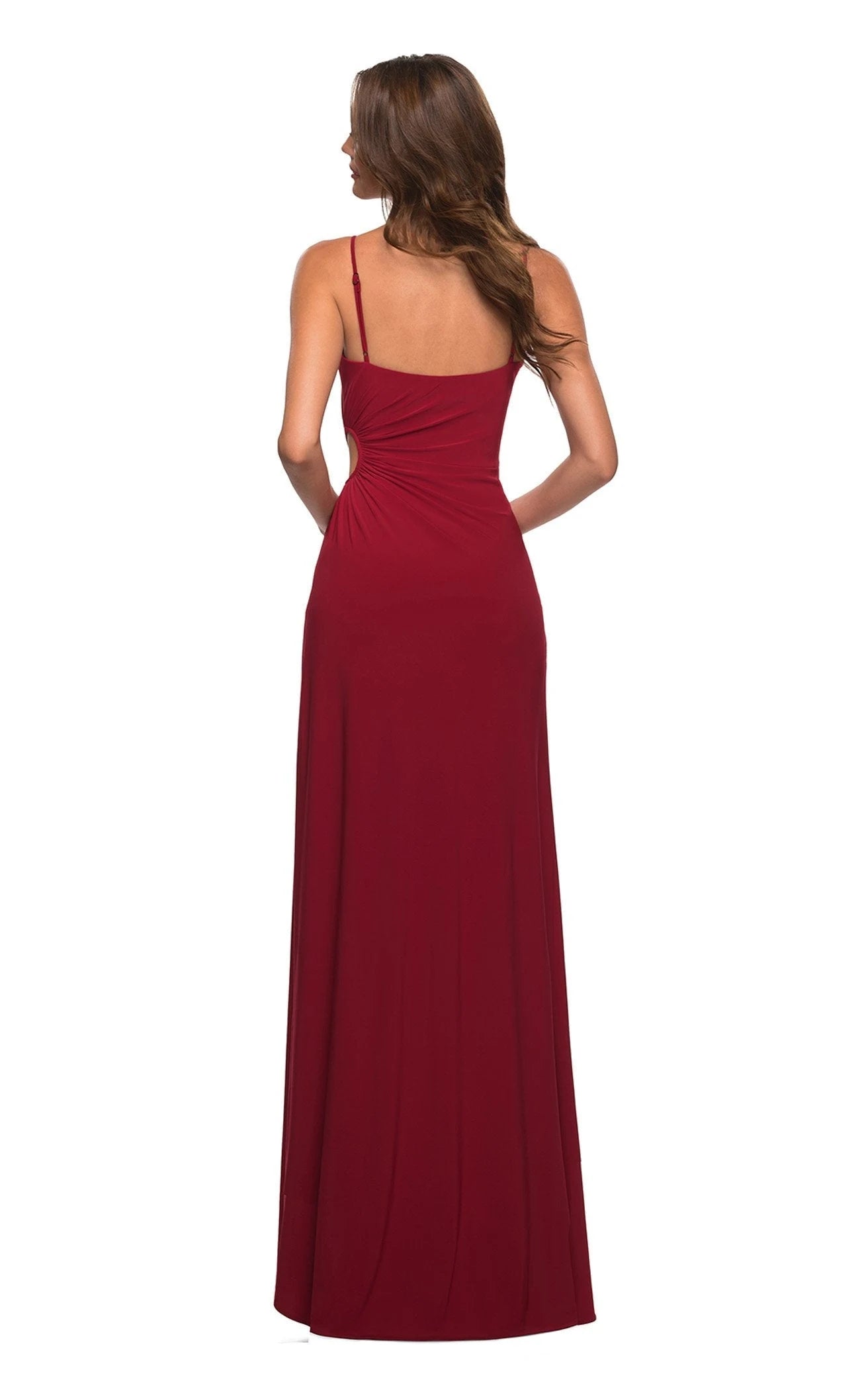 Elegant Sheath Spaghetti Strap Ruched High Slit Burgundy Maxi Prom Dress