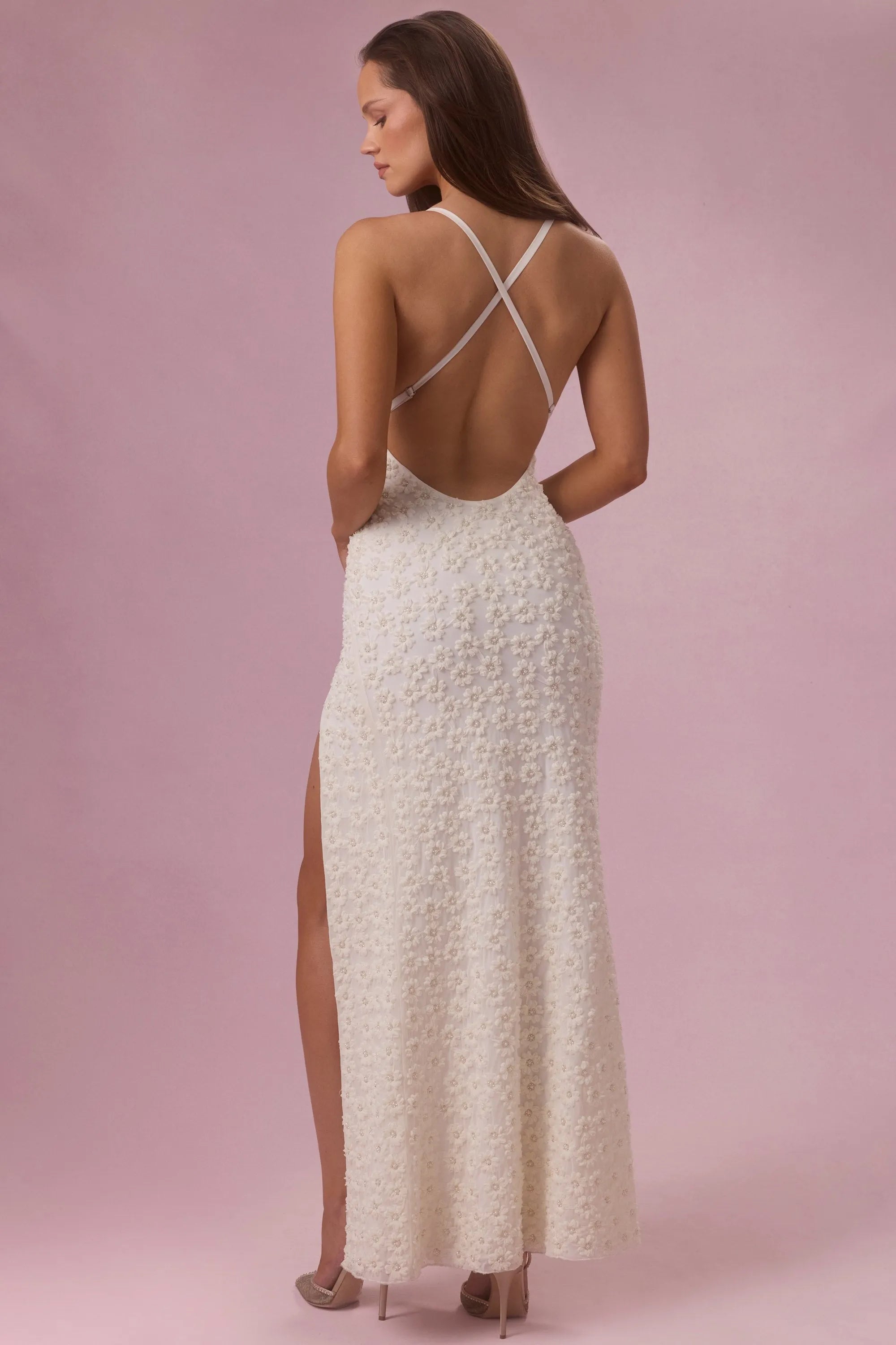 Elegant Sheath Spaghetti Strap Sleeveless Beaded Floral Ivory Floor-Length Prom Dresses Women Gown