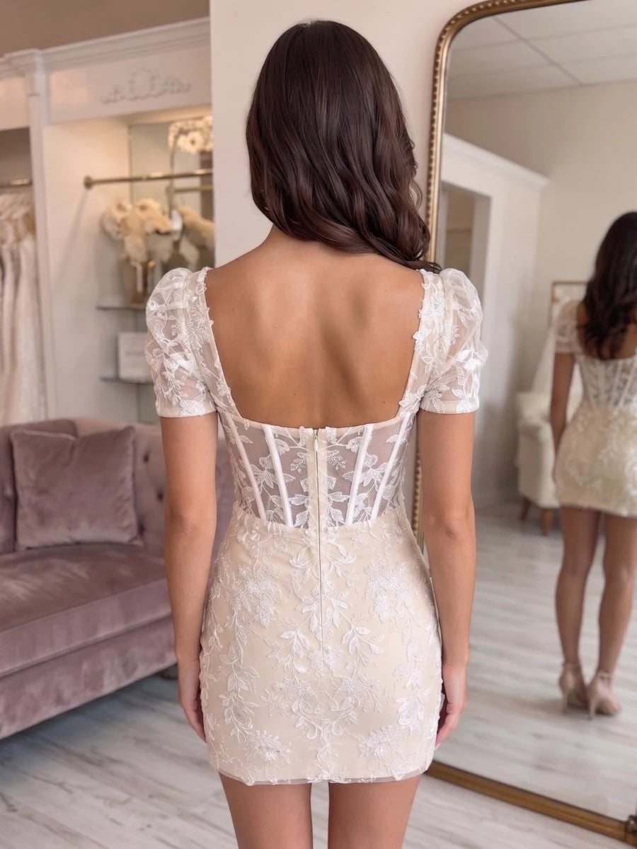Elegant Sheath Square Neck Puff Sleeve Beaded Lace Champagne Mini Homecoming Dress