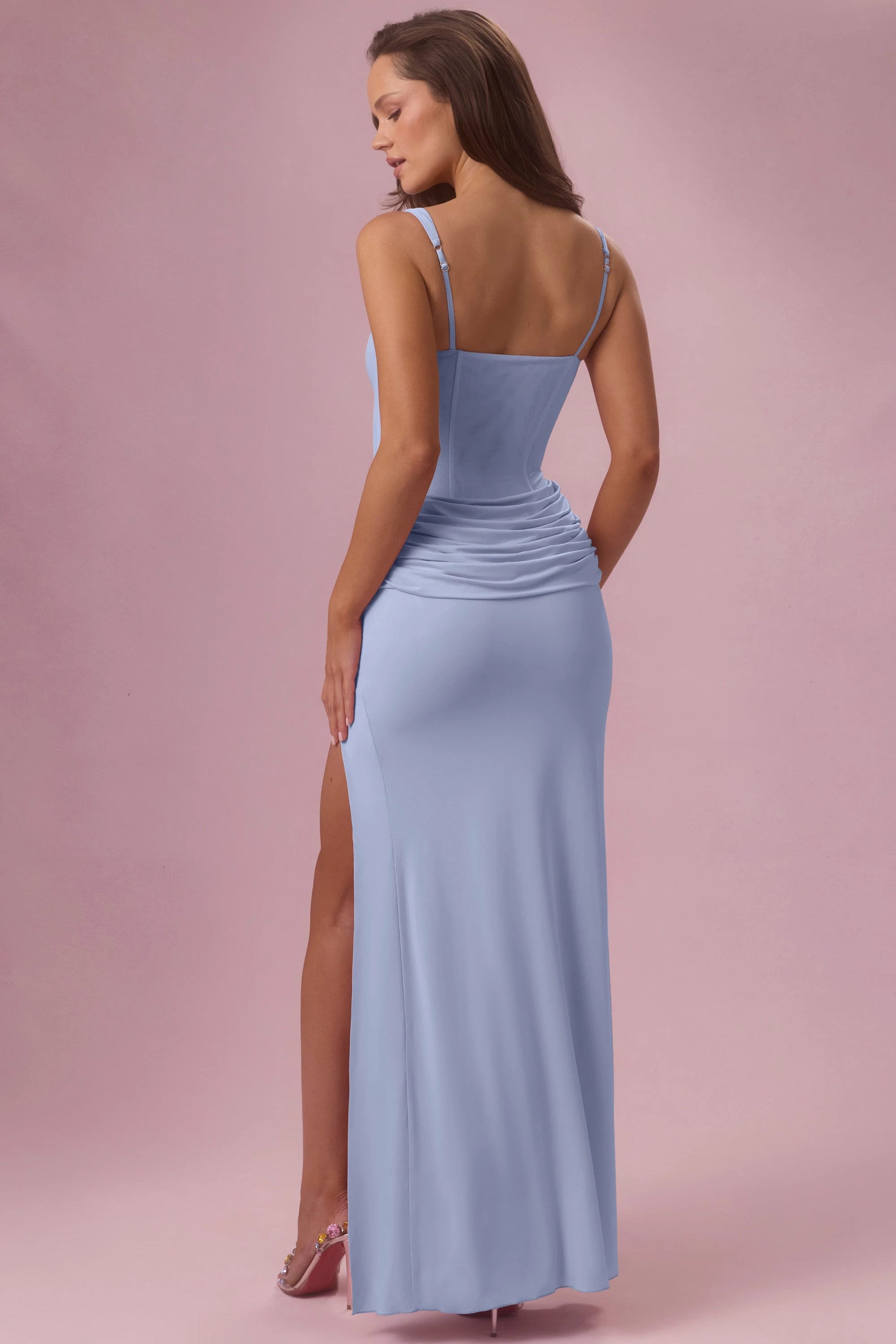 Elegant Sheath Square Neck Sleeveless Corset Ruched Light Blue Prom Gown