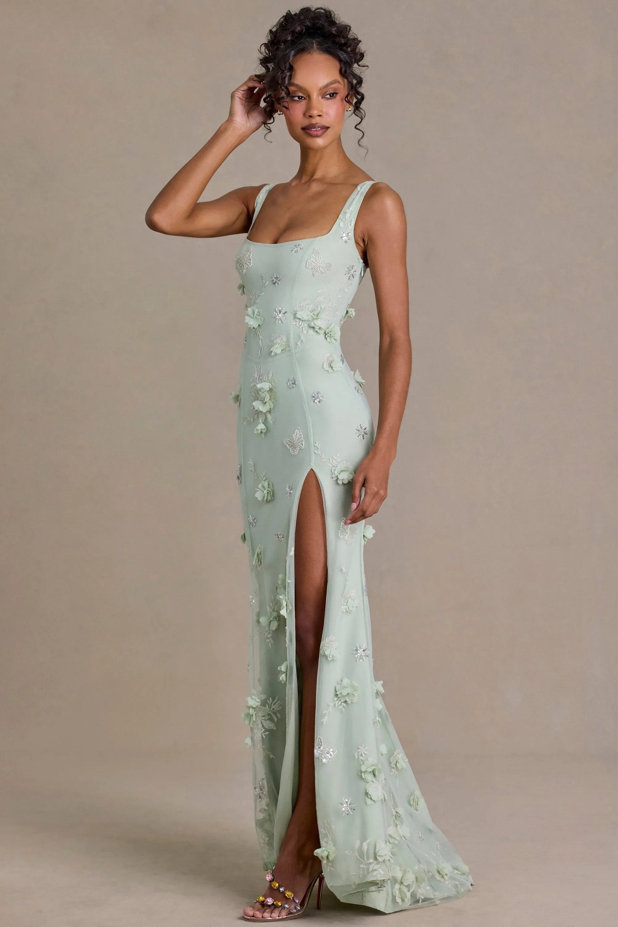 Elegant Sheath Square Neck Sleeveless Floral Sparkly Mint Green Floor-Length Prom Dresses