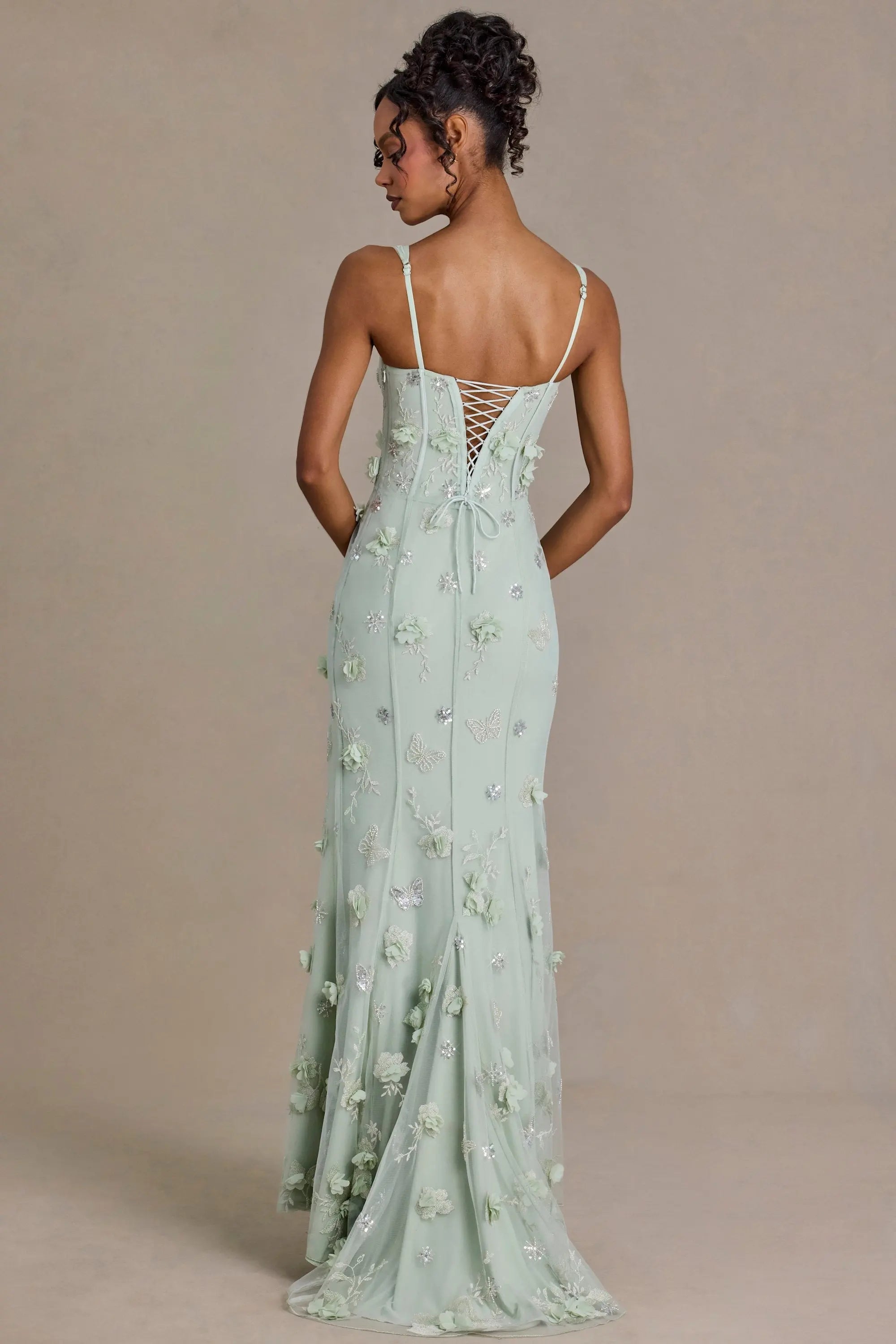 Elegant Sheath Square Neck Sleeveless Floral Sparkly Mint Green Floor-Length Prom Dresses