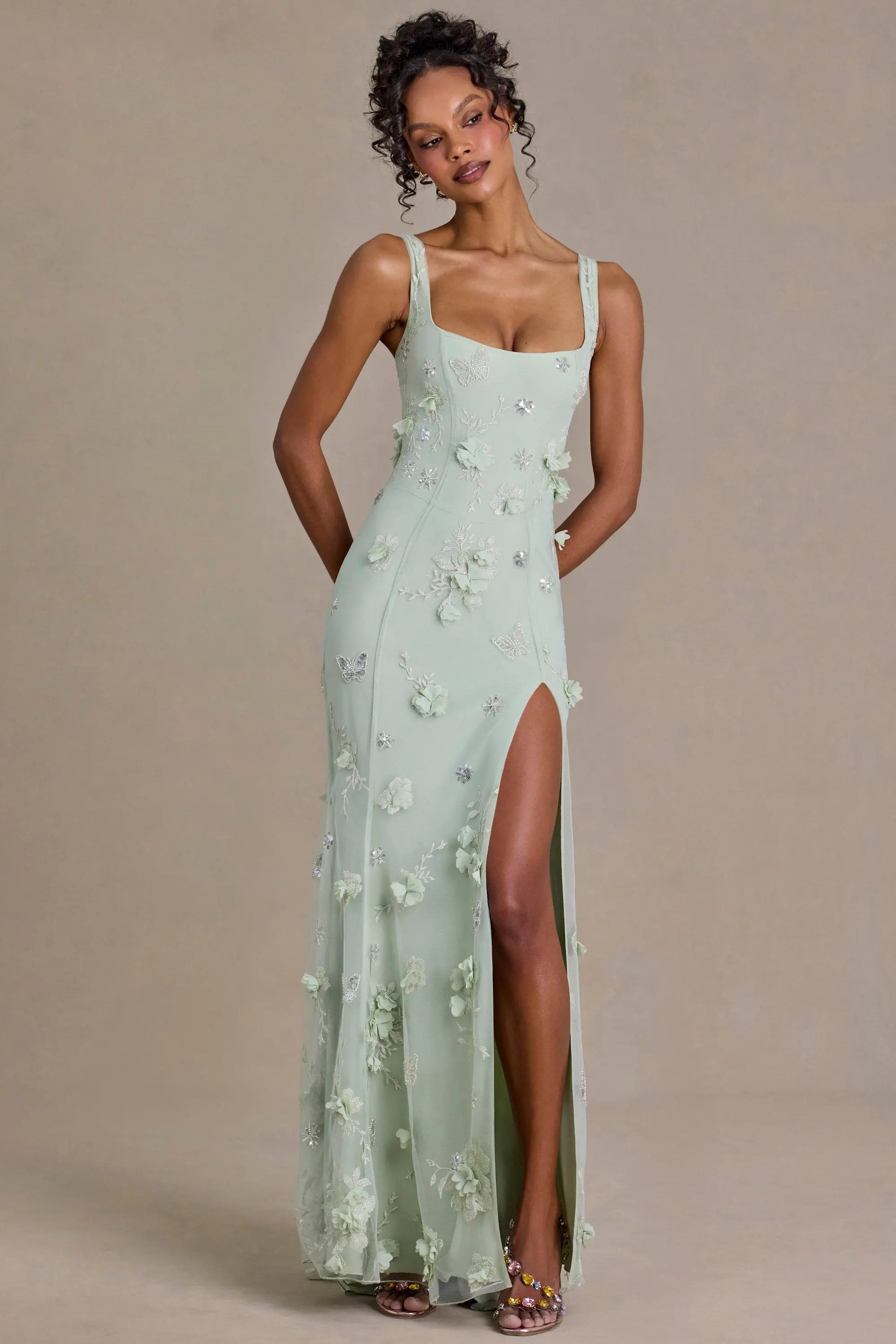 Elegant Sheath Square Neck Sleeveless Floral Sparkly Mint Green Floor-Length Prom Dresses