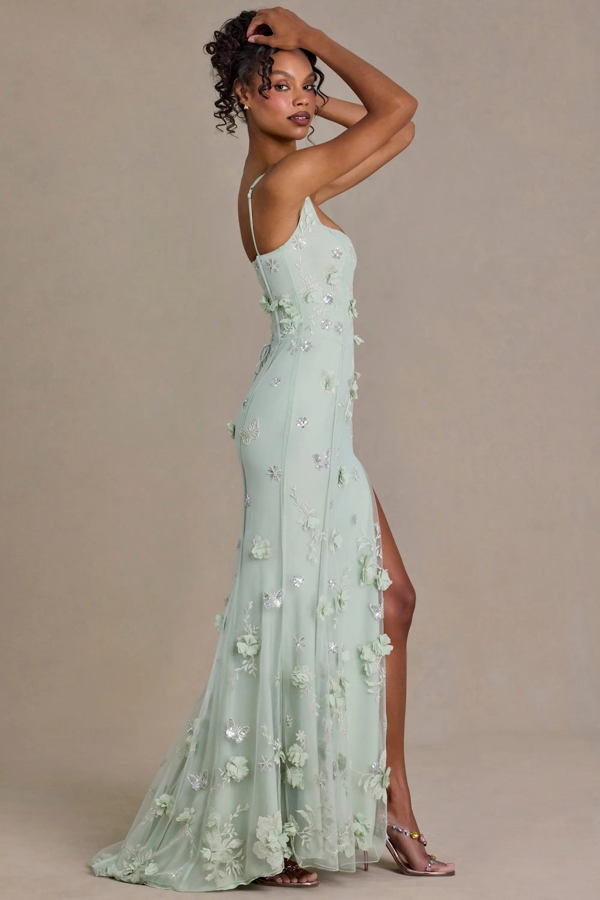 Elegant Sheath Square Neck Sleeveless Floral Sparkly Mint Green Floor-Length Prom Dresses