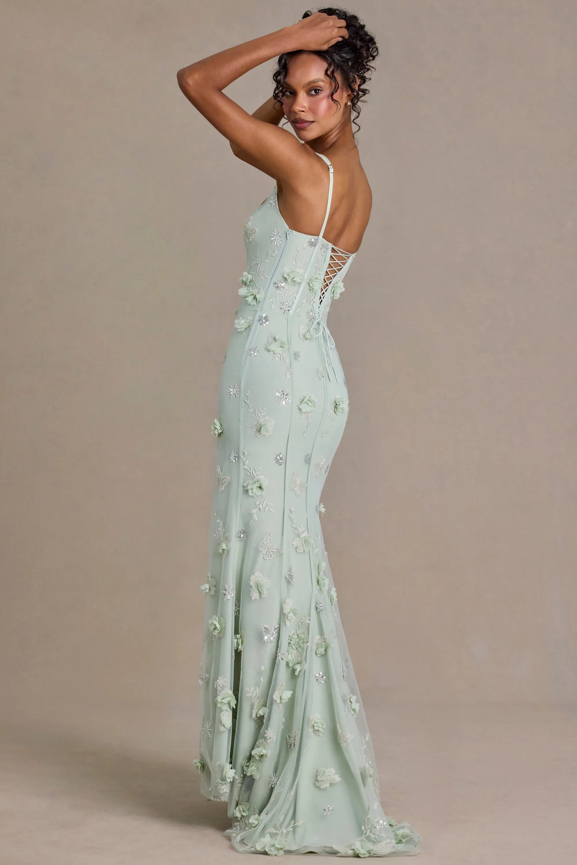 Elegant Sheath Square Neck Sleeveless Floral Sparkly Mint Green Floor-Length Prom Dresses