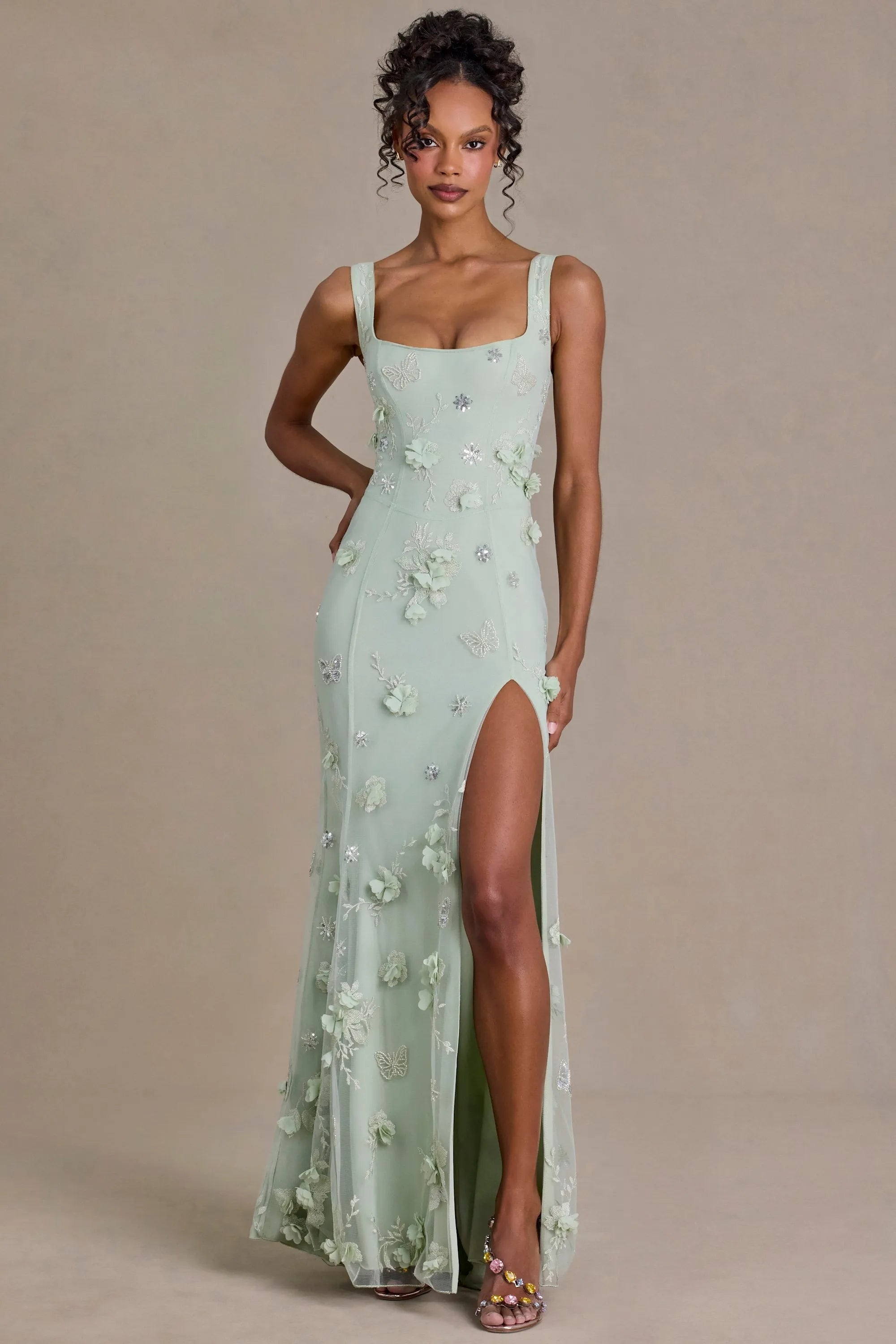 Elegant Sheath Square Neck Sleeveless Floral Sparkly Mint Green Floor-Length Prom Dresses