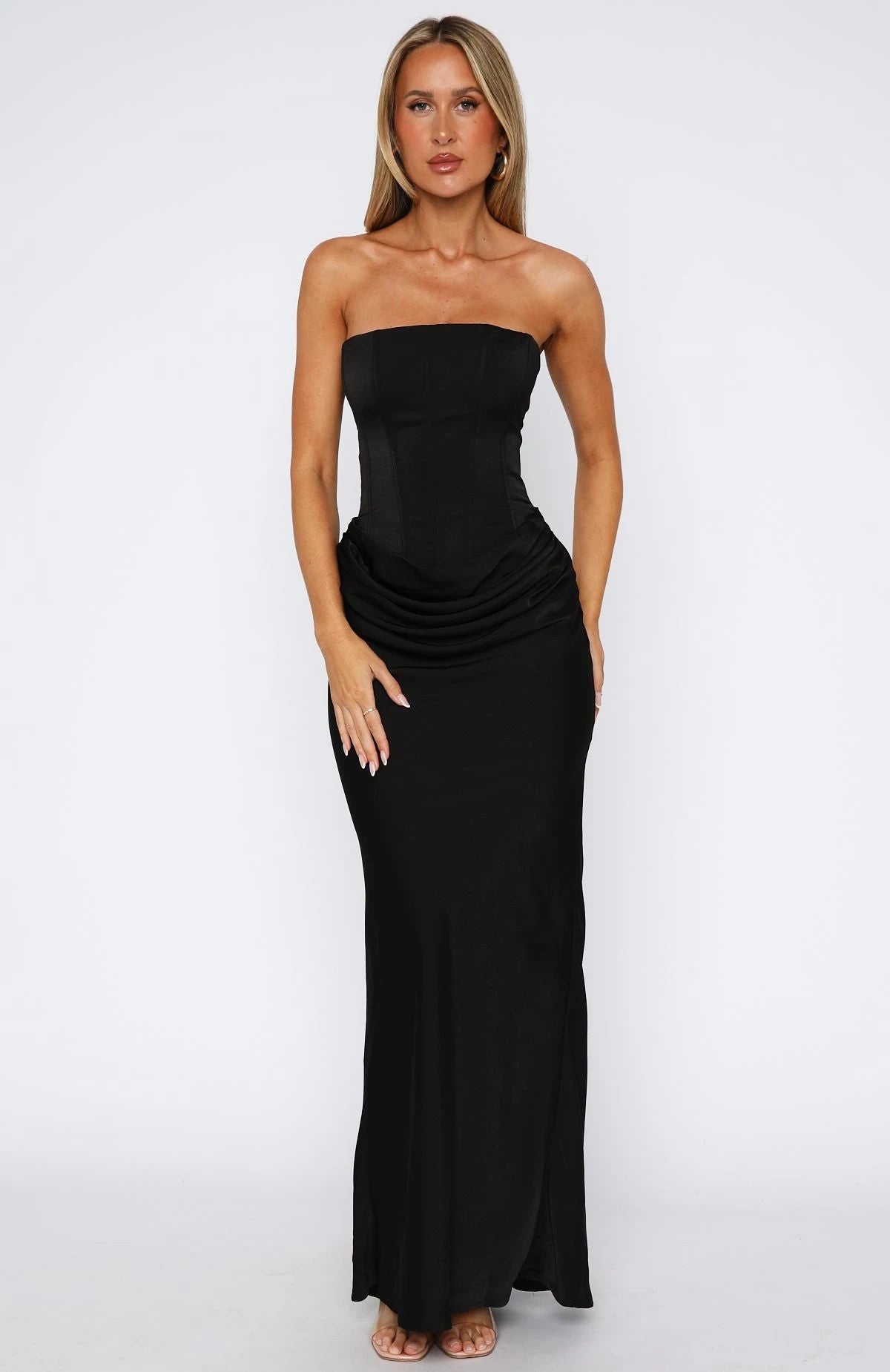 Elegant Sheath Strapless Corset Ruched Black Floor-Length Prom Dresses Women's Gown