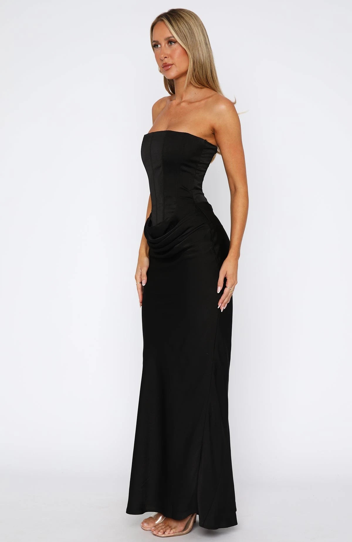 Elegant Sheath Strapless Corset Ruched Black Floor-Length Prom Dresses Women's Gown