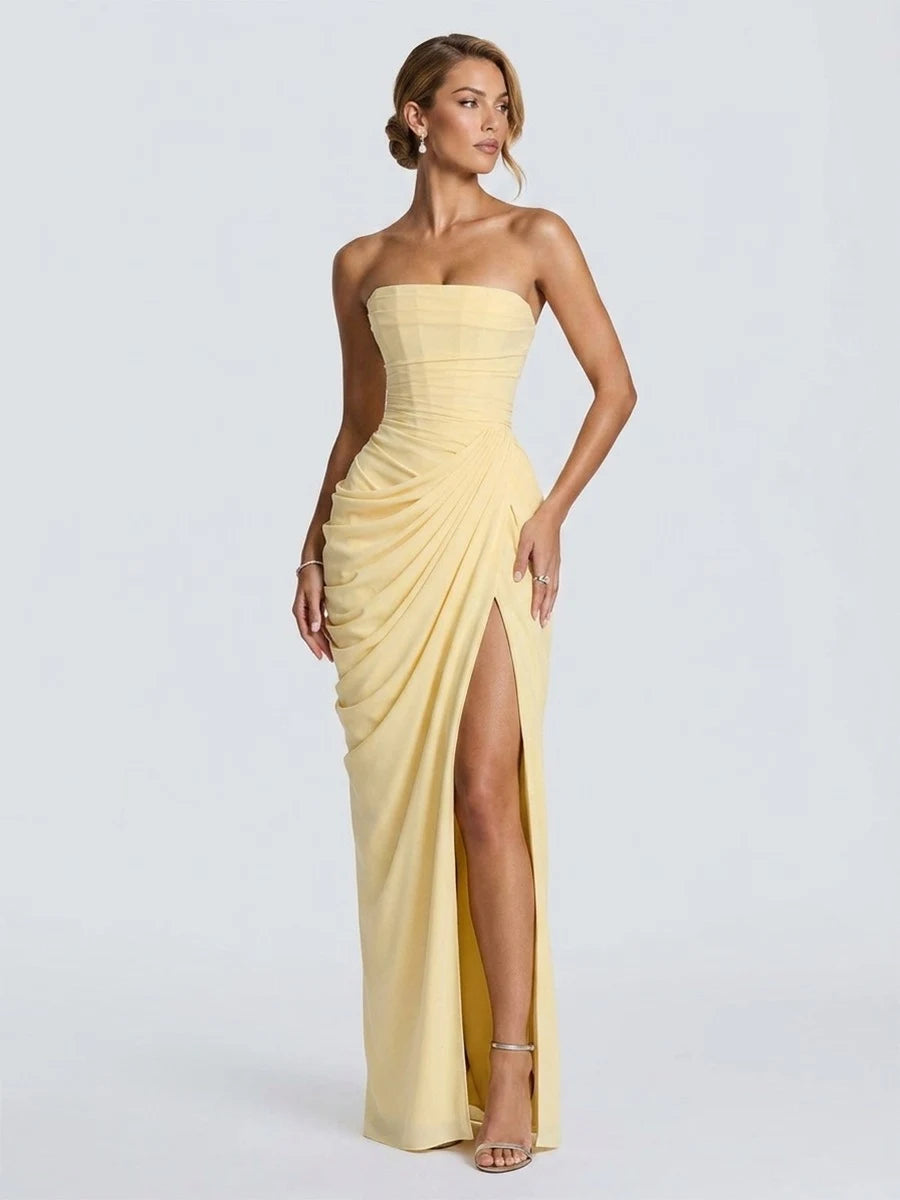 Elegant Sheath Strapless Draped High Slit Pastel Yellow Floor-Length Prom Dress