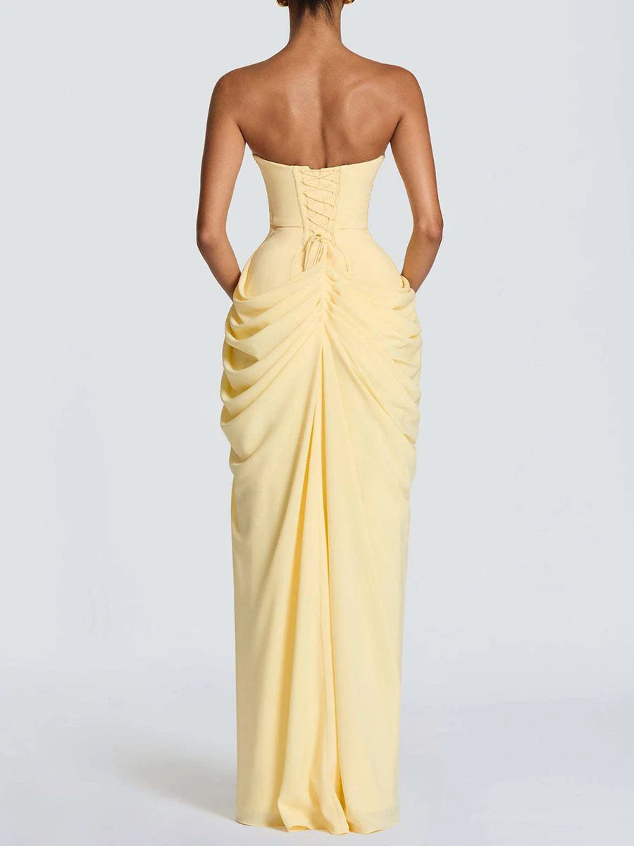 Elegant Sheath Strapless Draped High Slit Pastel Yellow Floor-Length Prom Dress