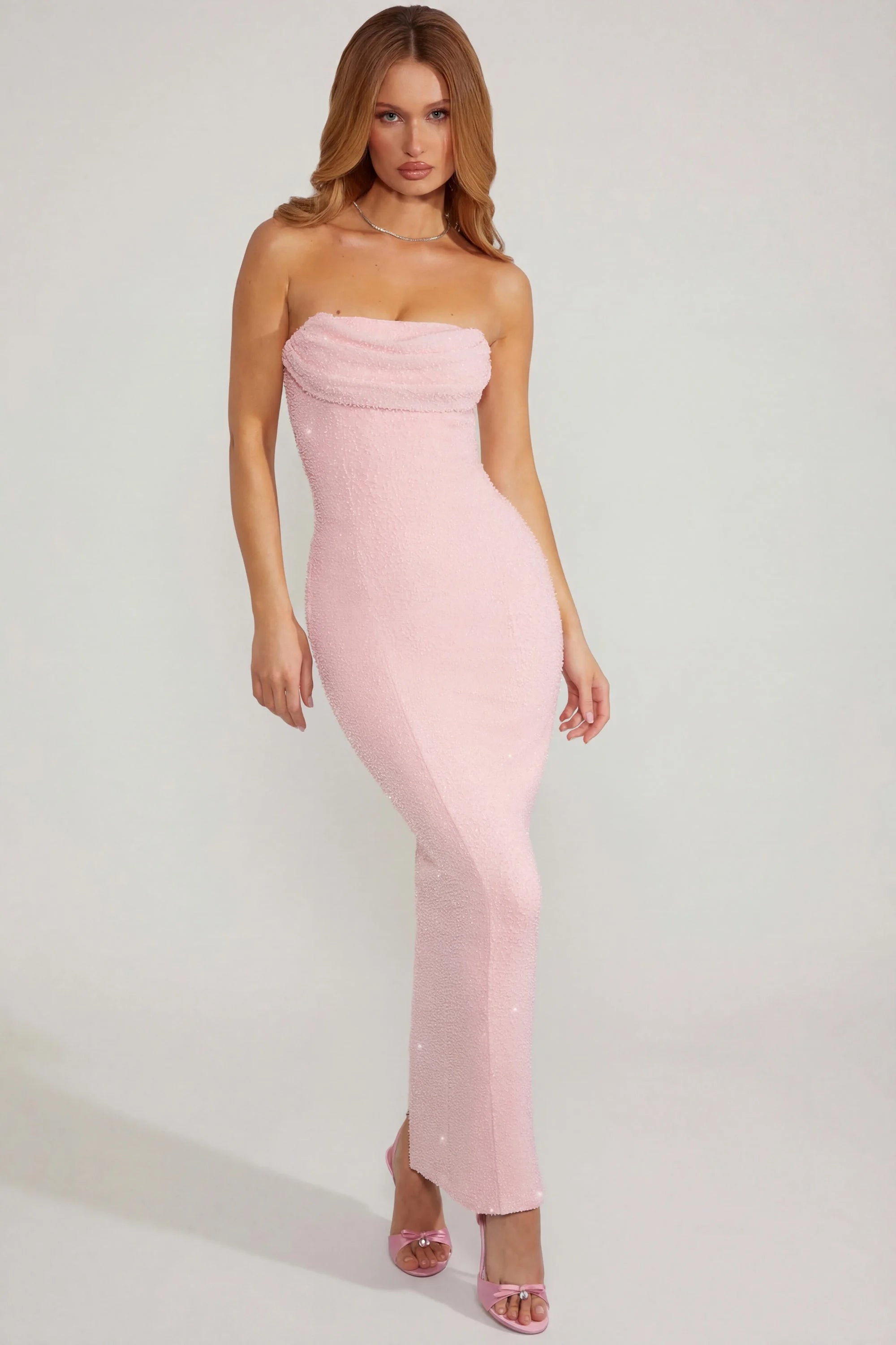 Elegant Sheath Strapless Draped Sequin Pink Floor-Length Prom Dresses Women's Gown