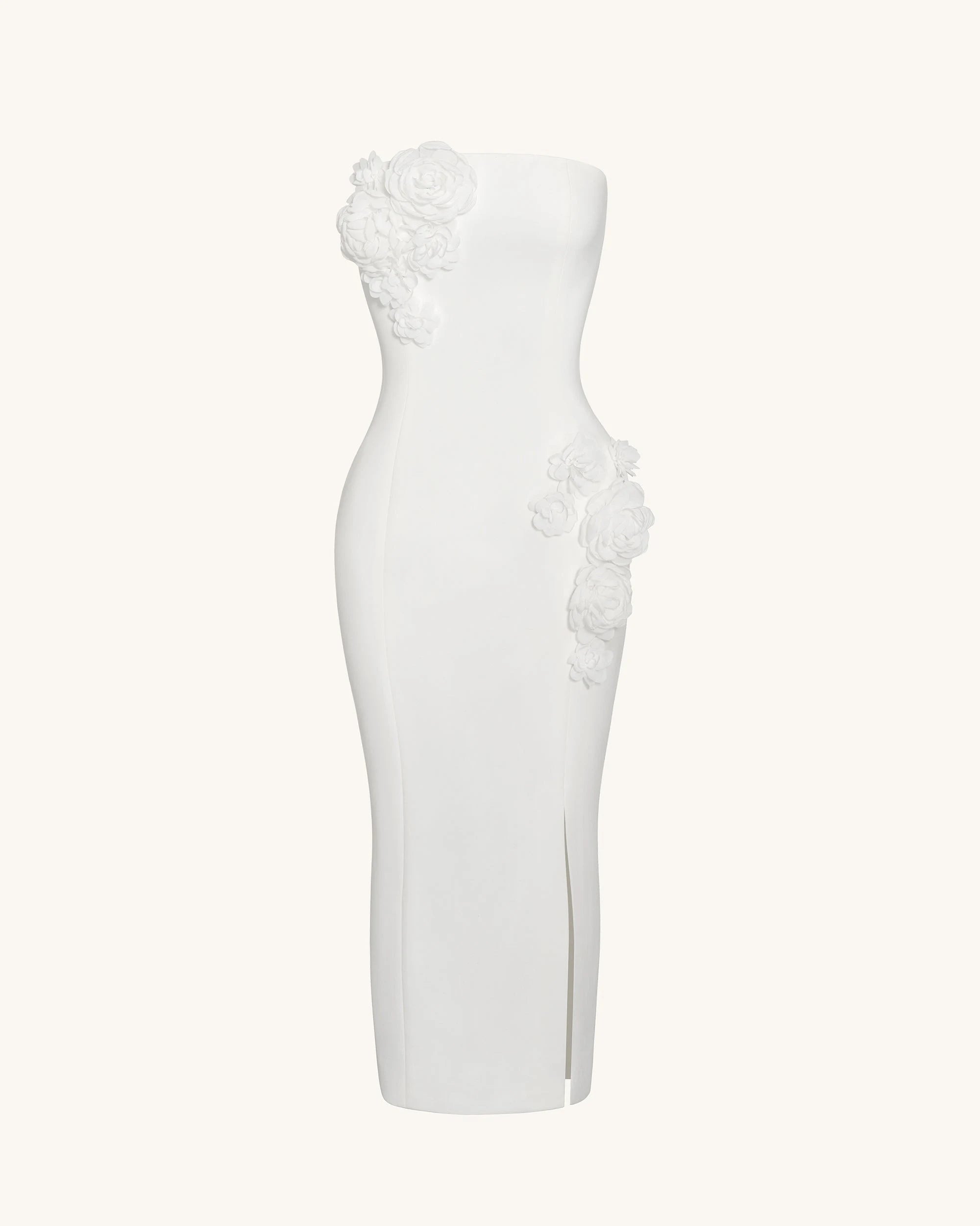 Elegant Sheath Strapless Floral Applique White Midi Prom Dress Gown