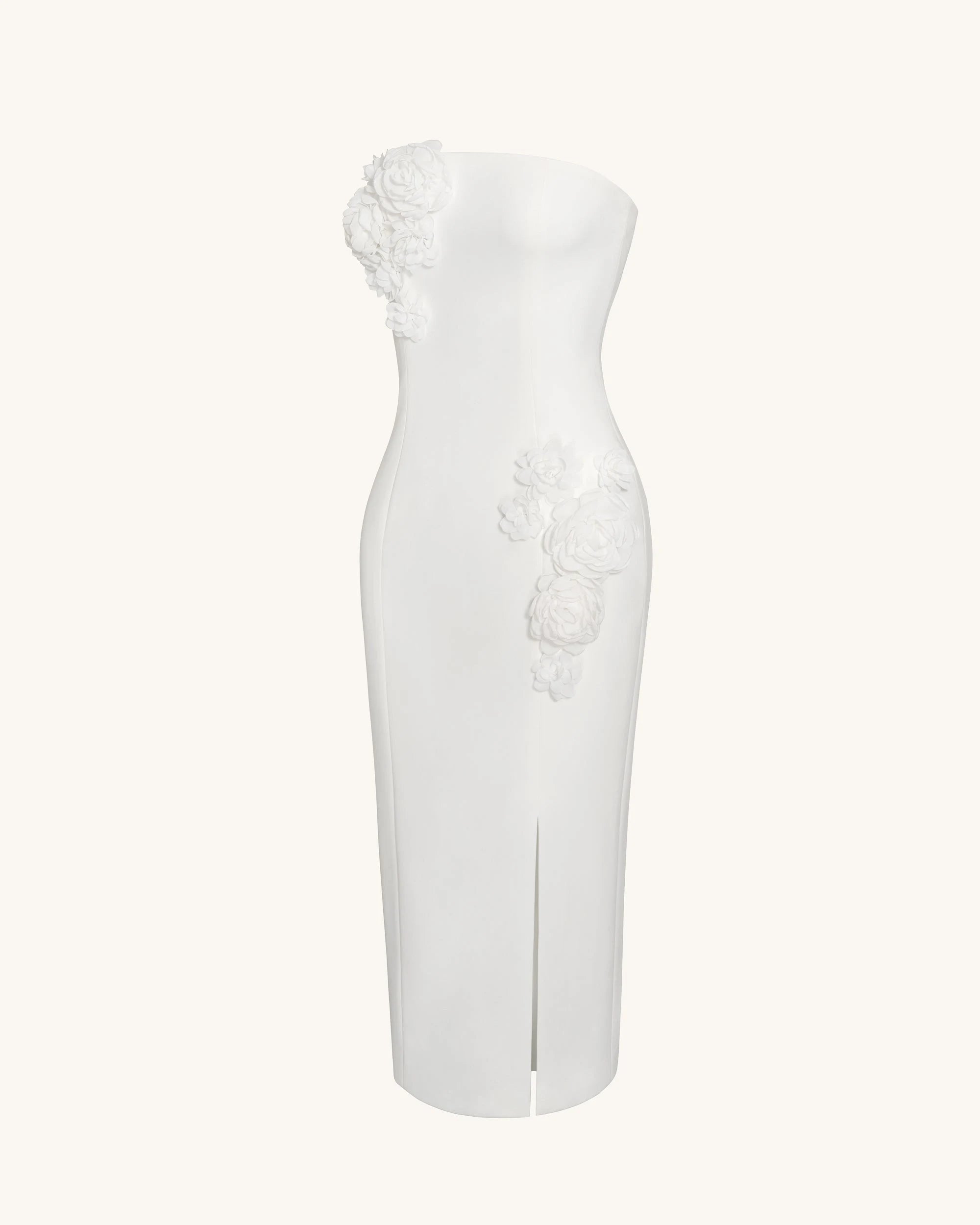 Elegant Sheath Strapless Floral Applique White Midi Prom Dress Gown